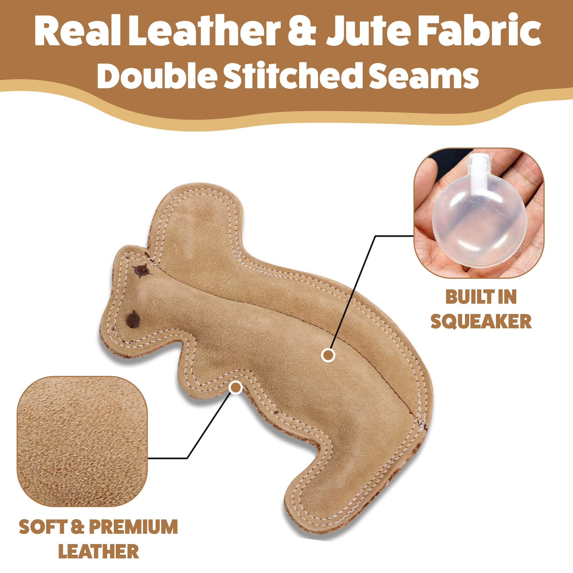 Spot Dura-Fused Leather Squirrel - Dog Toy With Squeaker, Made With Real Leather And Jute Fabric, Interactive Toy For Aggressive Chewers, Durable Squeaky Toy For Dogs And Puppies, 8 Inch