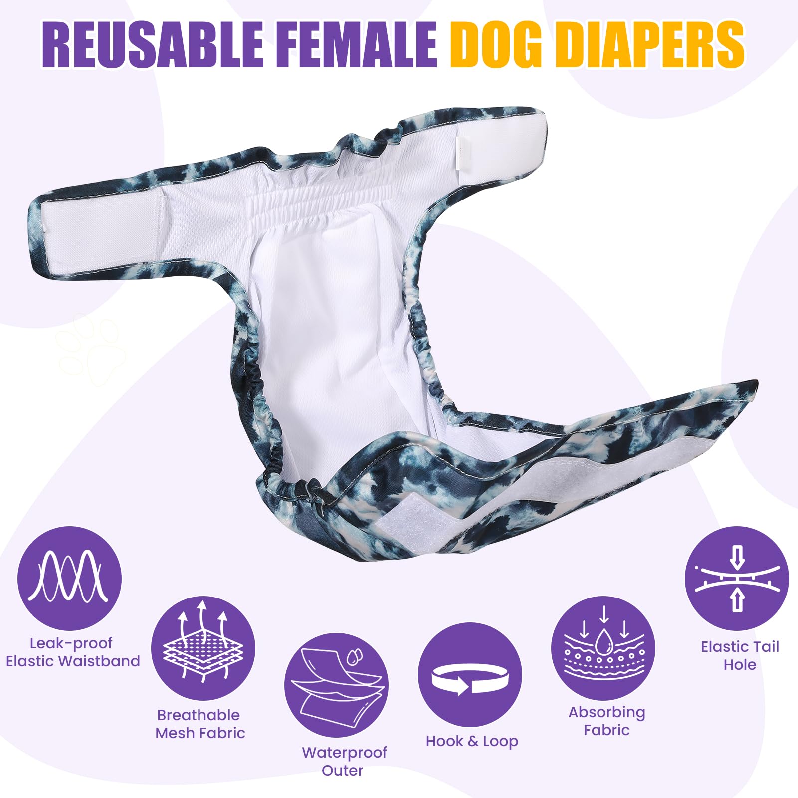 Xpcare 6 Pack Washable Female Dog Diapers - Reusable Doggie Diapers, Highly Absorbent Dog Diapers, Leak-Proof Puppy Diapers For