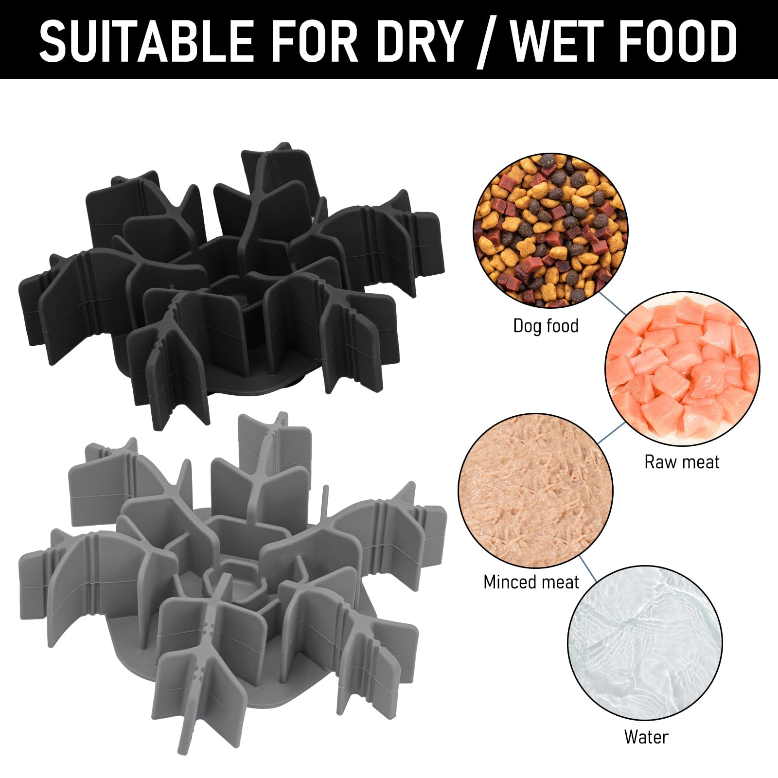 Dog Slow Feeder Insert Silicone Suction Cup For All Breed Regular Elevated Stainless Steel Dogs Bowls 4.7-7'', Anti-Slip Cat Pup