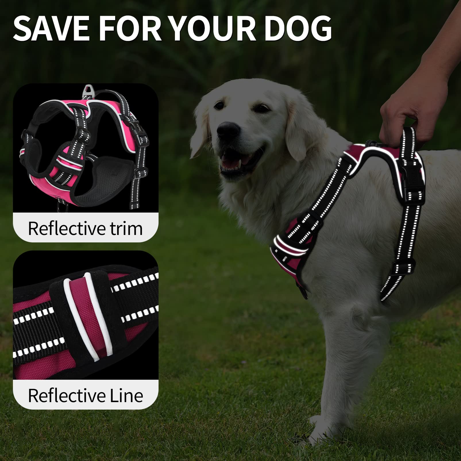 Heele Dog Harness, No Pull Adjustable Padded Reflective Harness For Small Medium Large Dogs With Handle For Walking Training,Ros