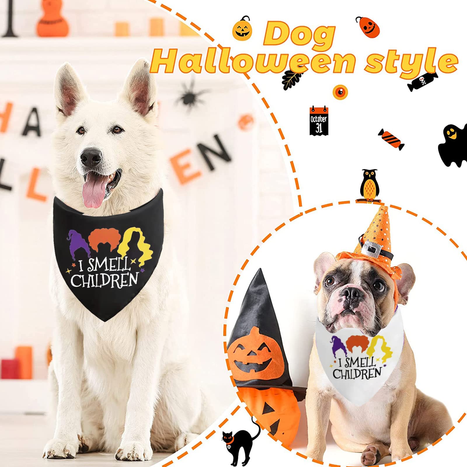Halloween Hocus Pocus Dog Bandanas - I Smell Children Witch Dog Scarf - 2 Pcs Adjustable Sanderson Sisters Holiday Party Triangle Reversible Pet Bandanas For Small Medium Large Dogs