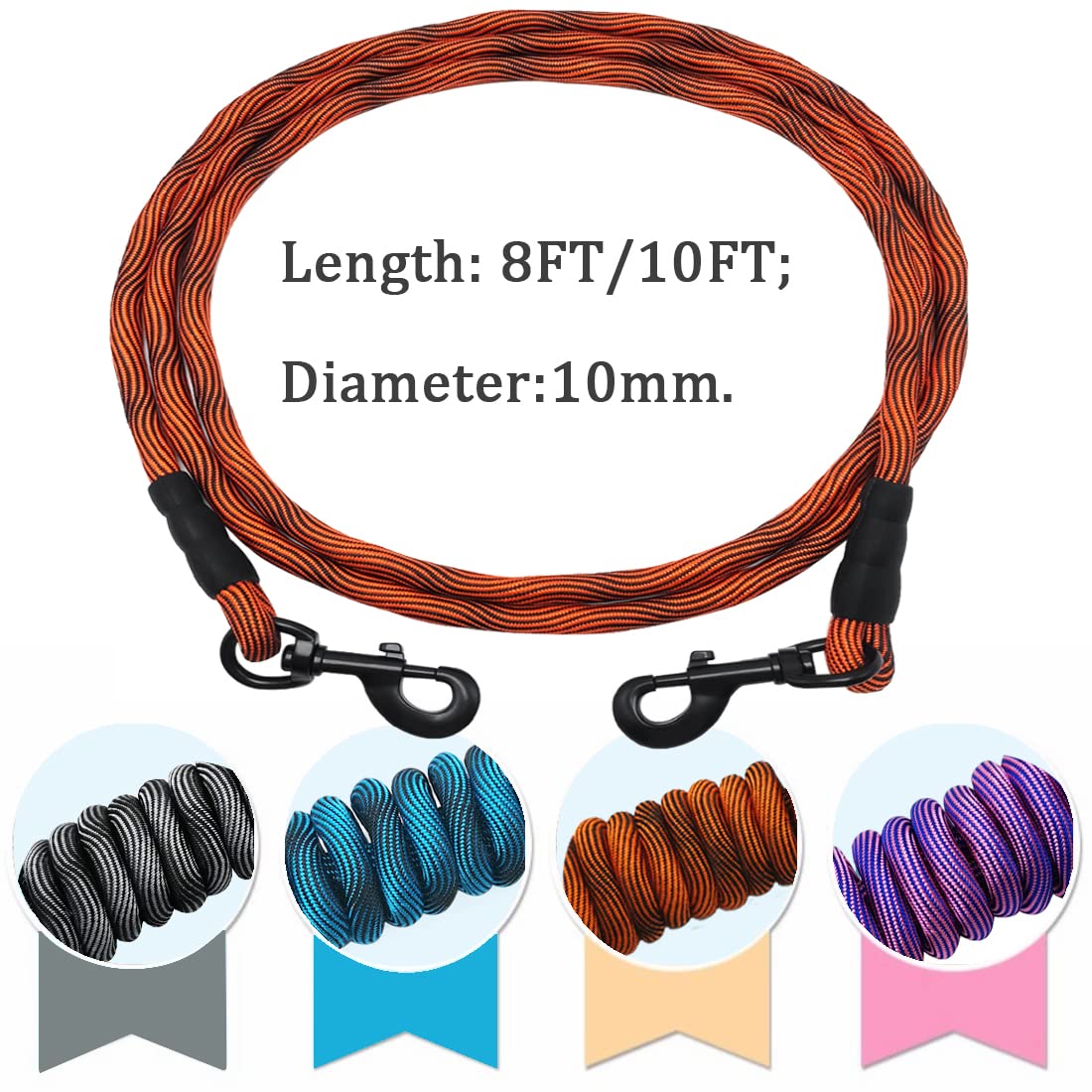 Maypaw 8Ft/10Ft Dog Tie Out/Check Cord, Heavy Duty Nylon Rope Training Leash, 3/8' Thick Dog Tether For Strong Small Medium Large Dogs Indoor Outdoor Walking/Camping (3/8' X 8Ft, Orange Black)