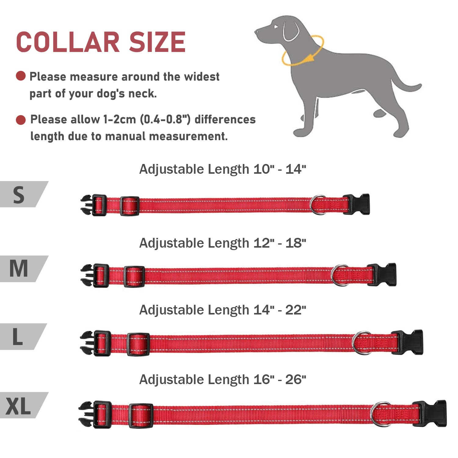 Reflective Dog Collar With Buckle Adjustable Safety Nylon Collars For Small Medium Large Dogs, Red L