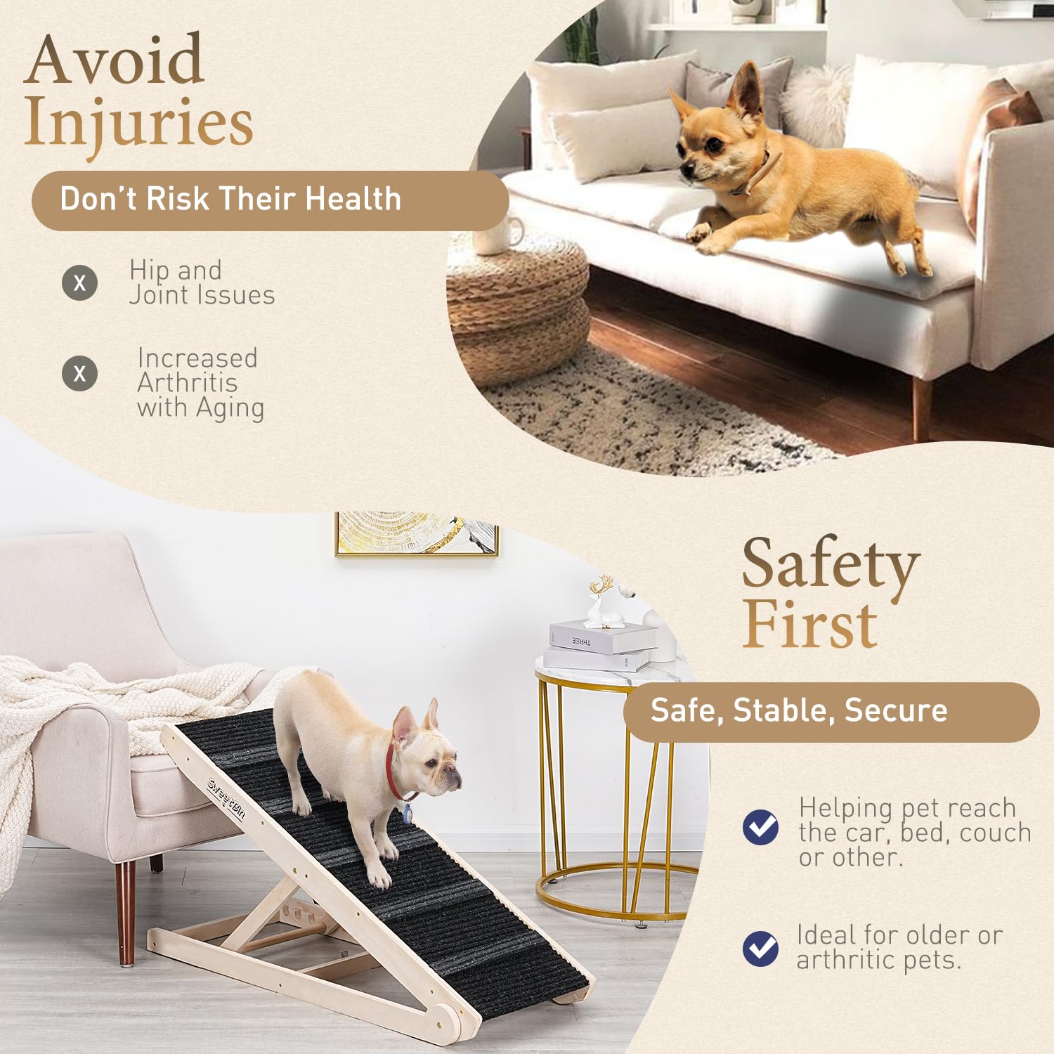 Sweetbin Wooden Adjustable Pet Ramp For All Dogs And Cats - Non Slip Carpet Surface And Foot Pads - 40' Long And Adjustable From 12” To 26” - Up To 200Lbs - Folding Dog Car Ramps For Suv, Bed, Couch