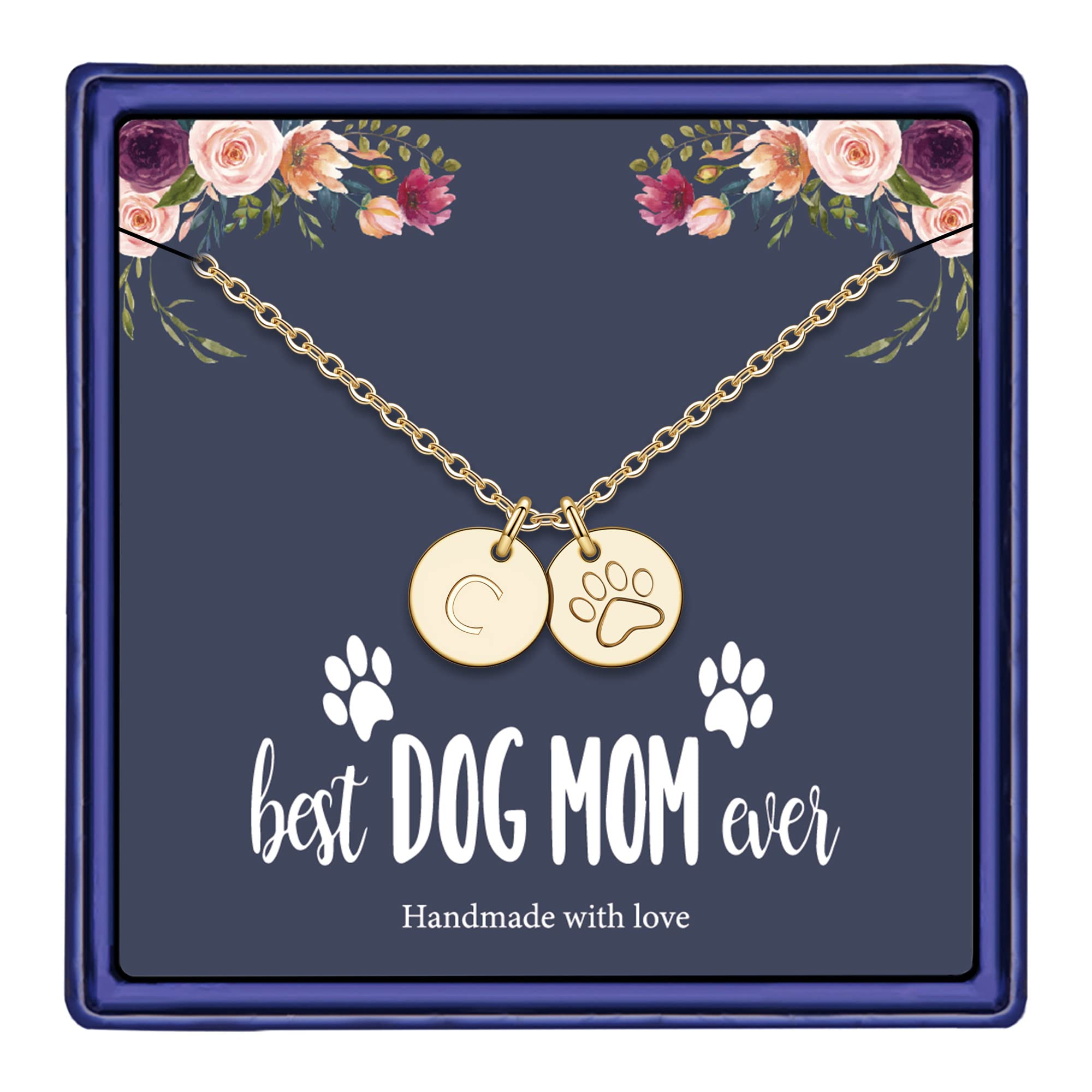 Monozo Gold Filled Dog Mom Gifts Necklace, 14K Metal, C Letter, Pet Paw Print Disc, Women'S Jewelry