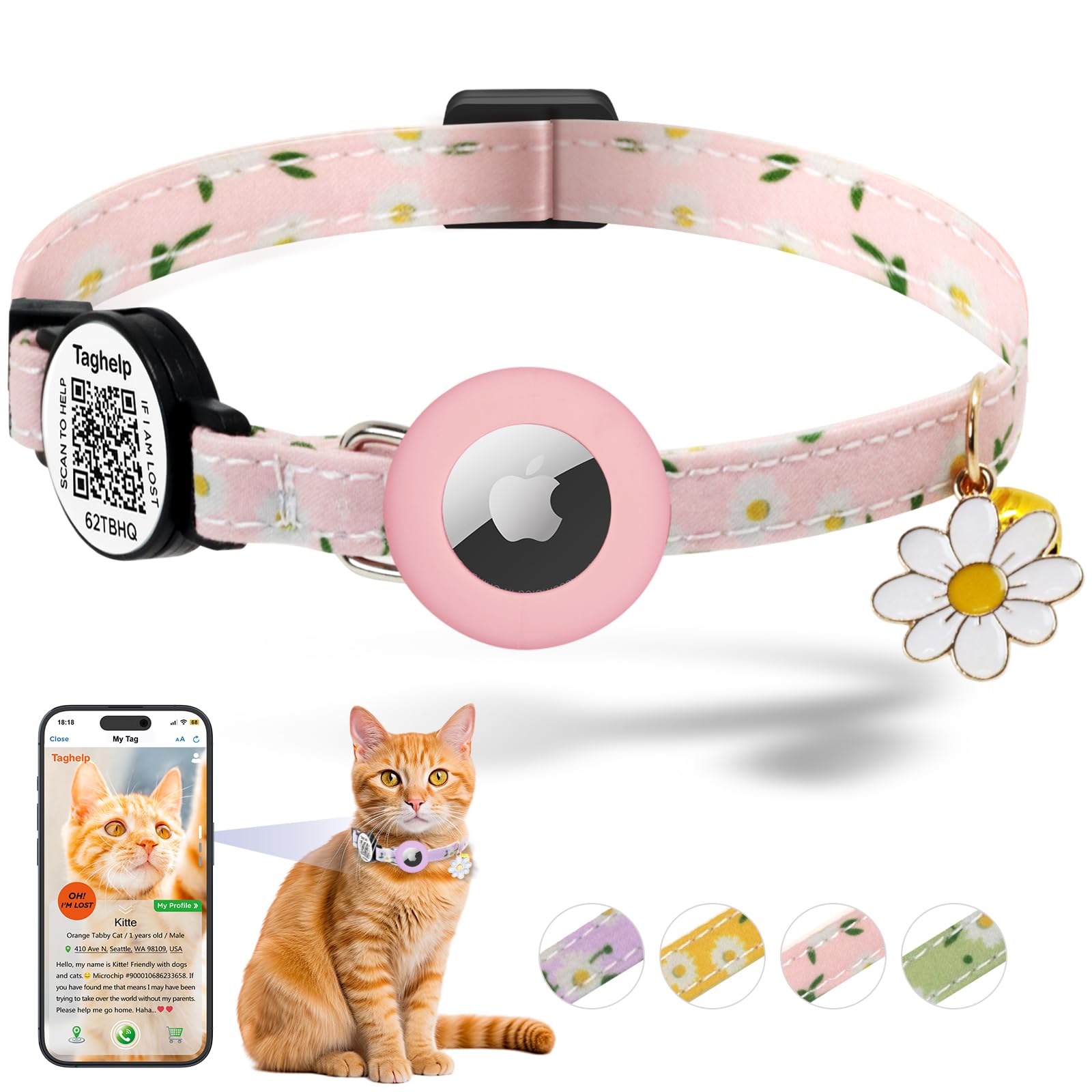 8-13In Airtag Cat Collar Lightweight And Comfortable, Bells & Flower Charm Collar Breakaway With Silicone With Apple Air Tag Hol