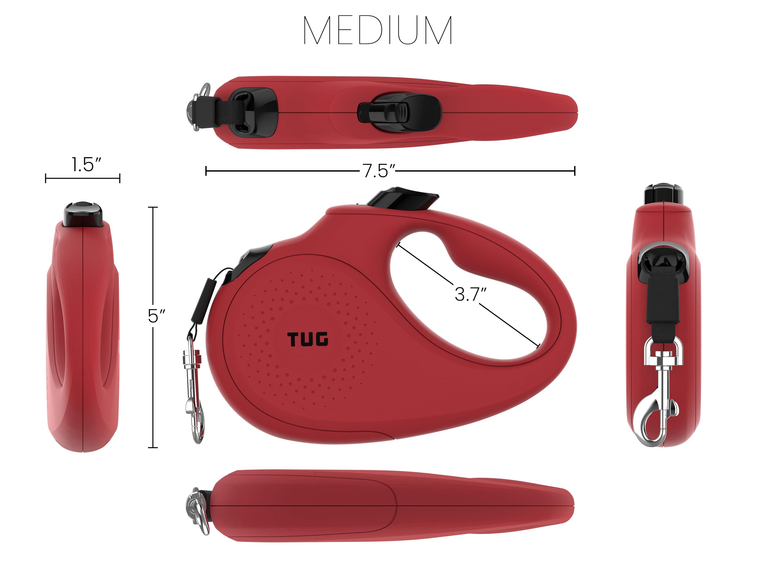 Tug Monochrome 360 Tangle-Free Retractable Dog Leash | 16 Ft Strong Nylon Tape (Medium, Red)