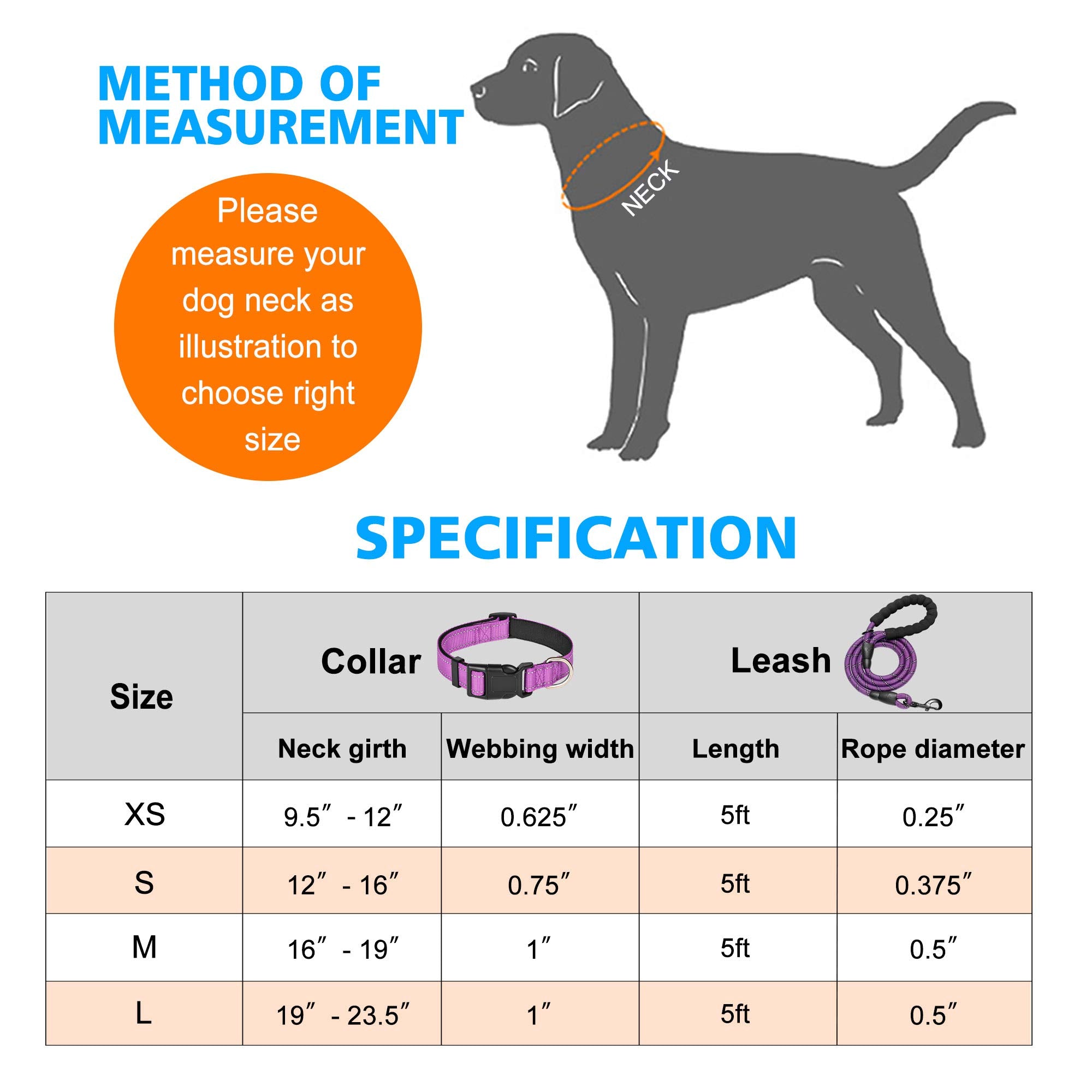 Ladoogo Reflective Dog Collar Padded With Soft Neoprene Breathable Adjustable Nylon Dog Collars For Small Medium Large Dogs (X-Small (Pack Of 1), Purple Collar+Leash)