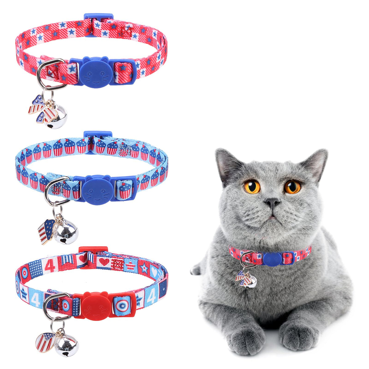 Dillybud Breakaway Cat Collars With Bell, 4Th Of July Cat Collar, Independence American Holiday Kitten Collar For Girl Boy Male 
