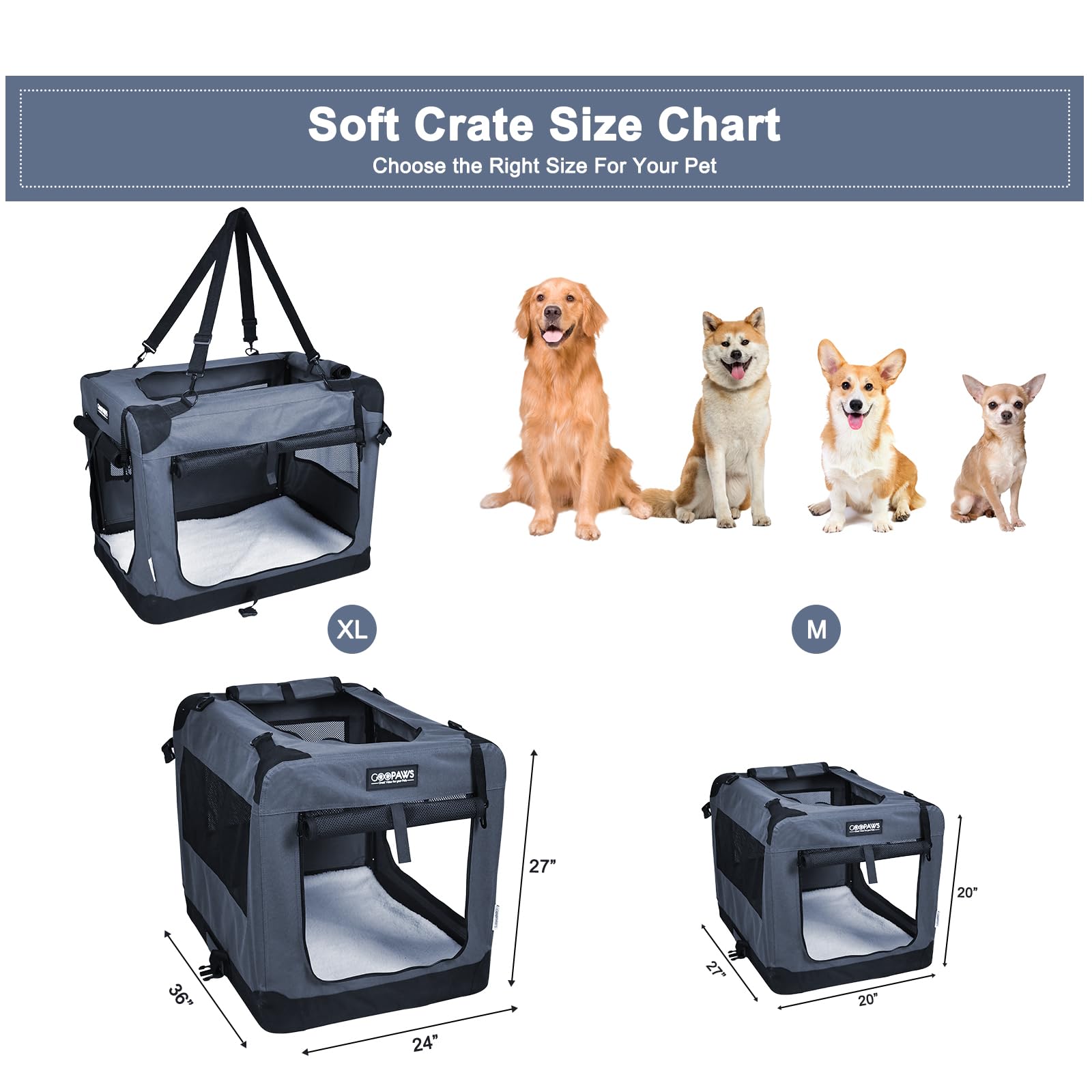 Jespet 27'' Soft Dog Crates Kennel For Pets, 3 Door Soft Sided Folding Travel Pet Carrier With Straps And Fleece Mat For Dogs, C