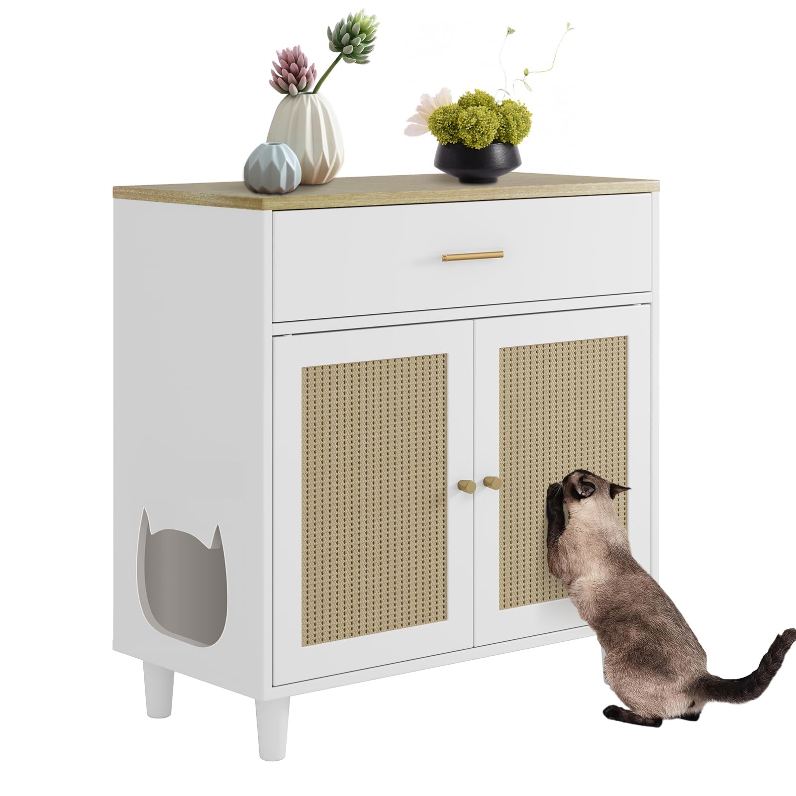 GarveeLife Hidden Cat Litter Box Furniture with Storage Drawer, Wood Cats Litter Enclosure Cabinet with 2 Sisal Doors, Hidden En