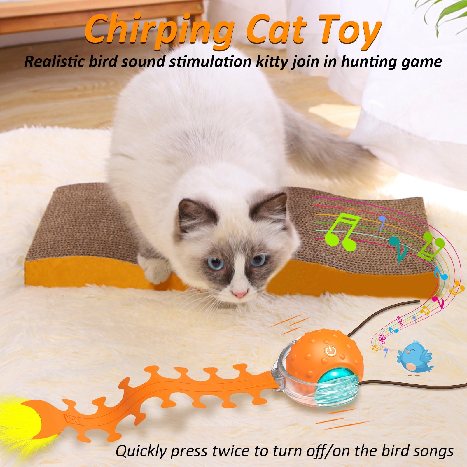 Waaiio Interactive Cat Toys For Indoor Cats, Fast Rolling Cat Ball With Centipede Tail, Birds Chirping Touch Activated Automatic