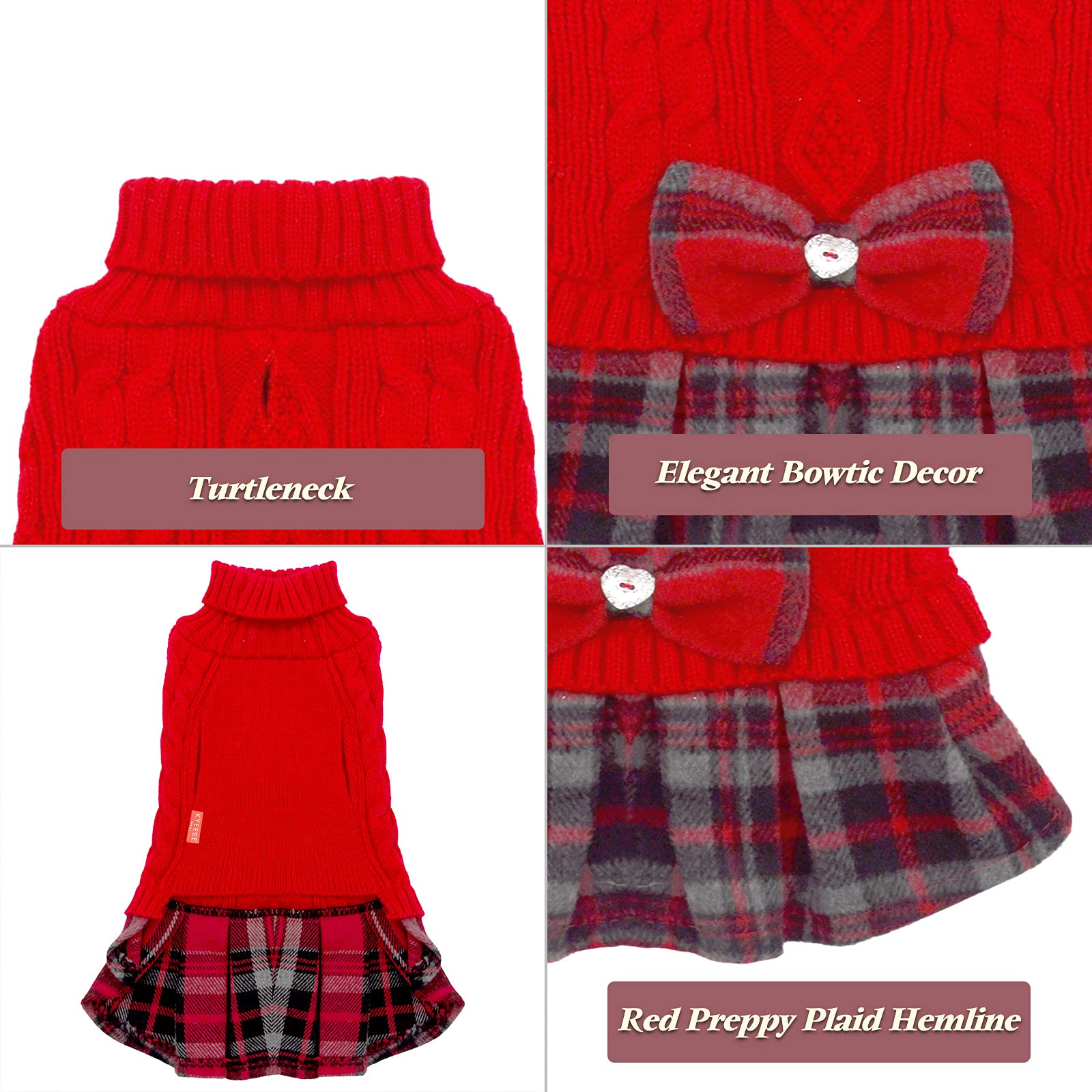 Kyeese Christmas Dog Sweater Dress With Bowtie Checkered Turtleneck Dog Sweaters For Small Dogs Warm Pet Sweater Knitwear Red