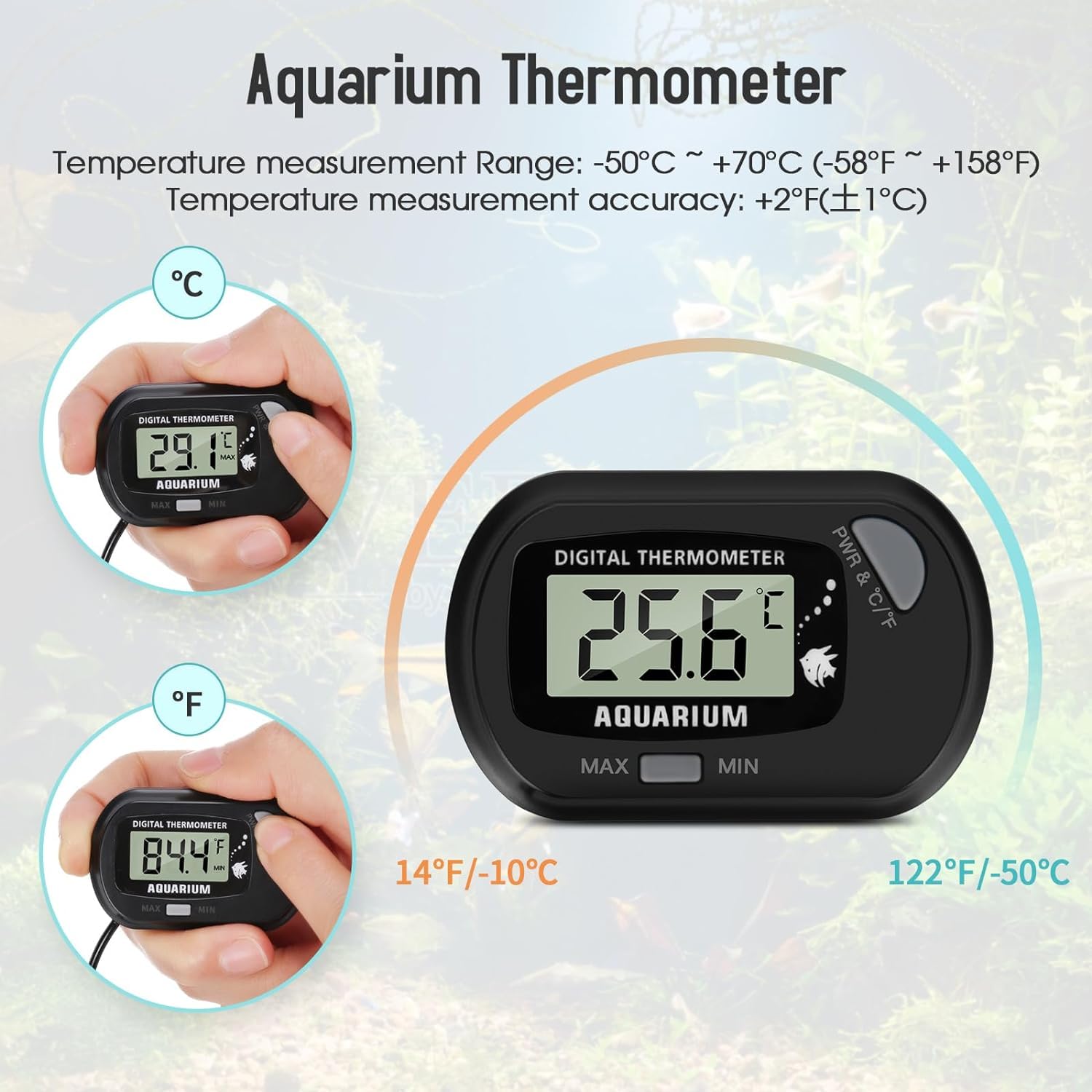 Thlevel Lcd Digital Aquarium Thermometer, Fish Tank Thermometer With Water-Resistant Sensor Probe And Suction Cup For Reptile, T
