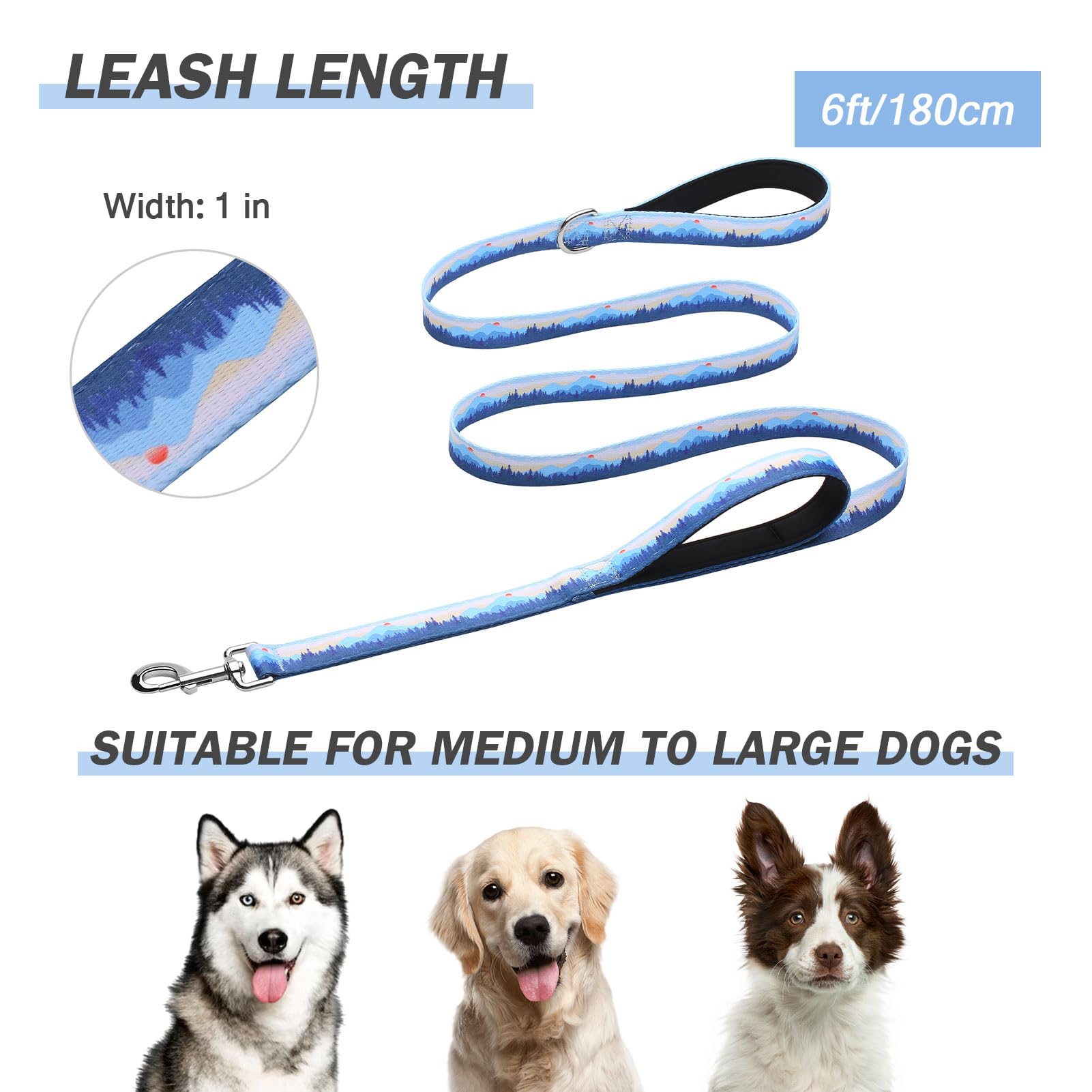 Hikiko Double Handle Dog Leash 6 Foot Strong Nylon Padded Traffic Handles For Walking Training (Blue Hill)
