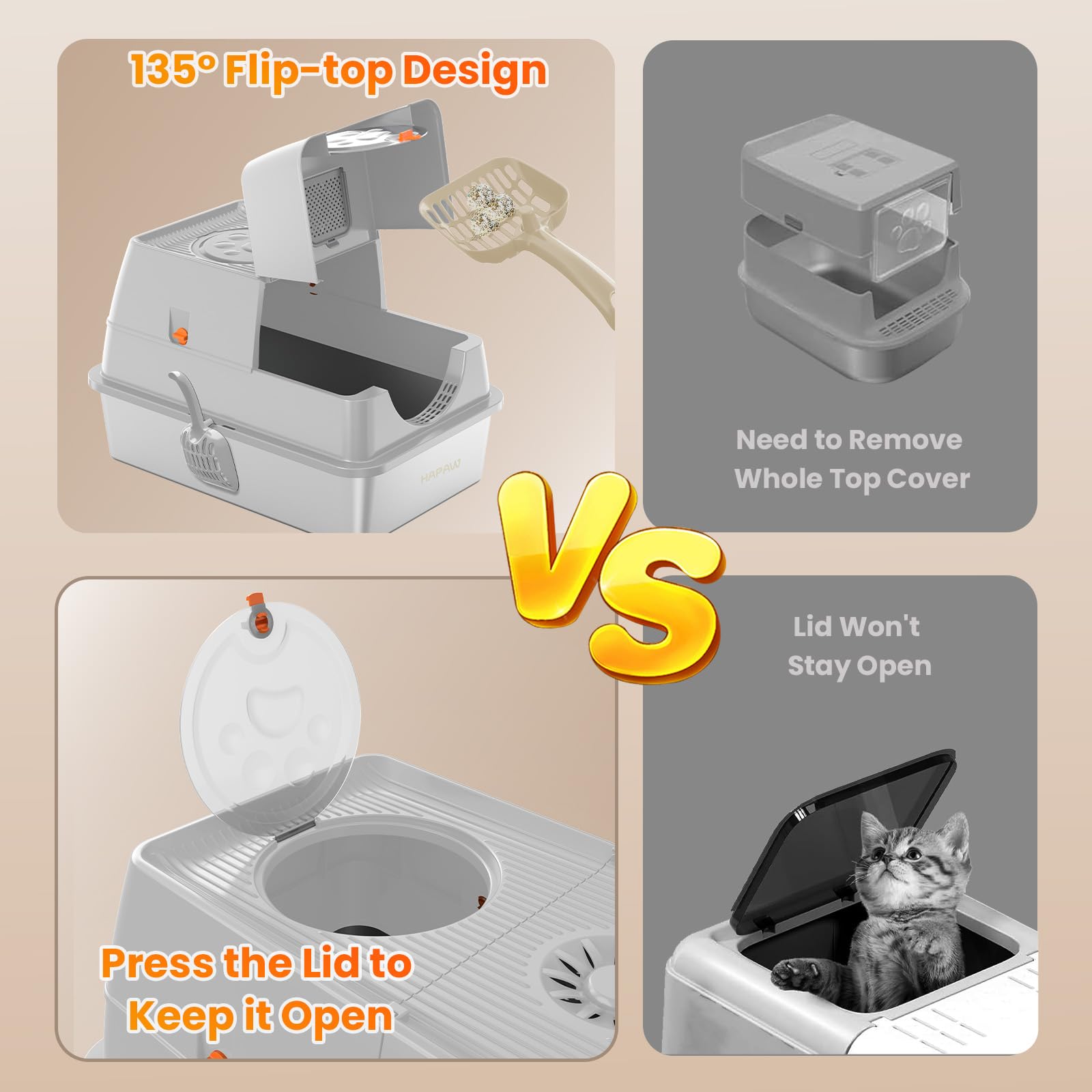 Hapaw Stainless Steel Litter Box With Lid, 135 Flip-Top Extra Large Cat Litter Pan, Enclosed Metal Litter Box With Litter Scoop