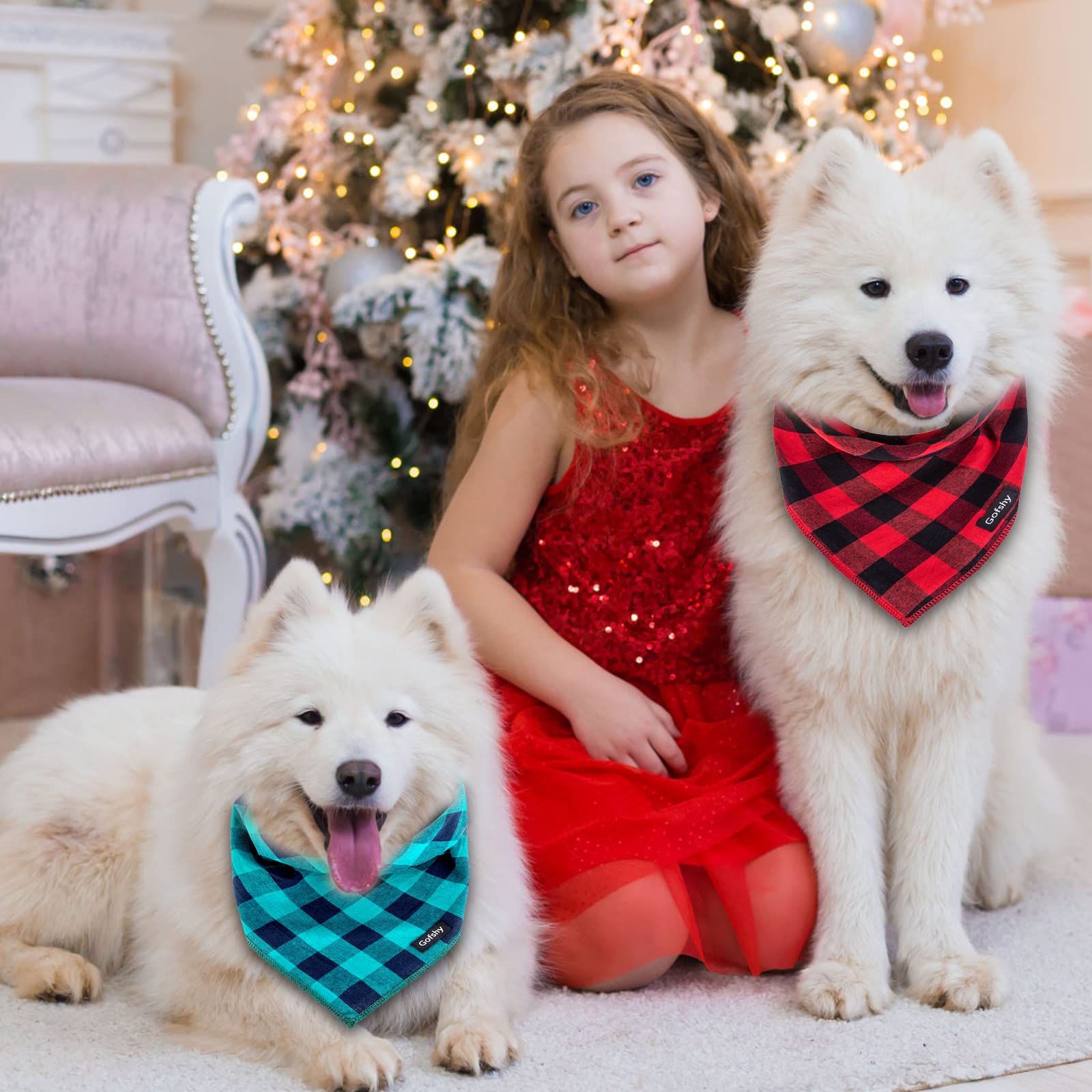 Gofshy Buffalo Plaid Dog Bandanas Fall Christmas X-Large 6PCS Dog Gifts Red Blue Green Orange Black Brown Dog Scarf Adjustable K