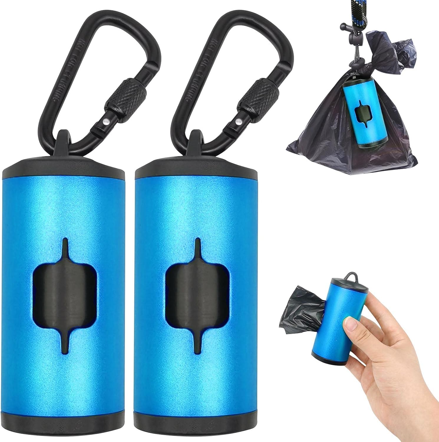 Metal Dog Poop Bags Holder|Aluminum Poop Bags Dispenser With 30 Black Pet Waste Bags 3 Leash Clasp And Elastic Rope