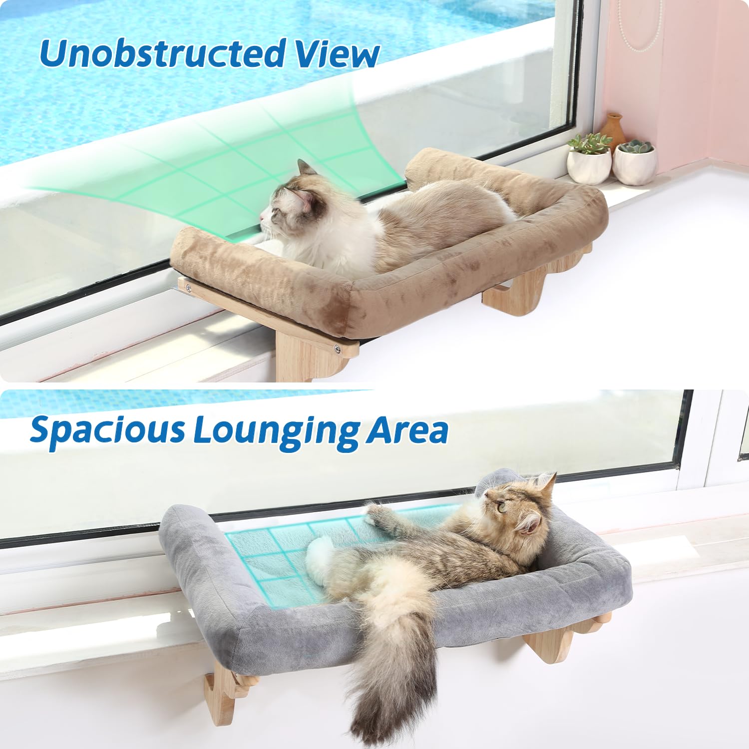 Zakkart Cat Perch For Window Sill With Bolster - Orthopedic Hammock Design With Premium Hardwood & Robust Metal Frame - Cat Window Seat For Large Cats And Kittens - Dark Stained Wood With Brown Bed