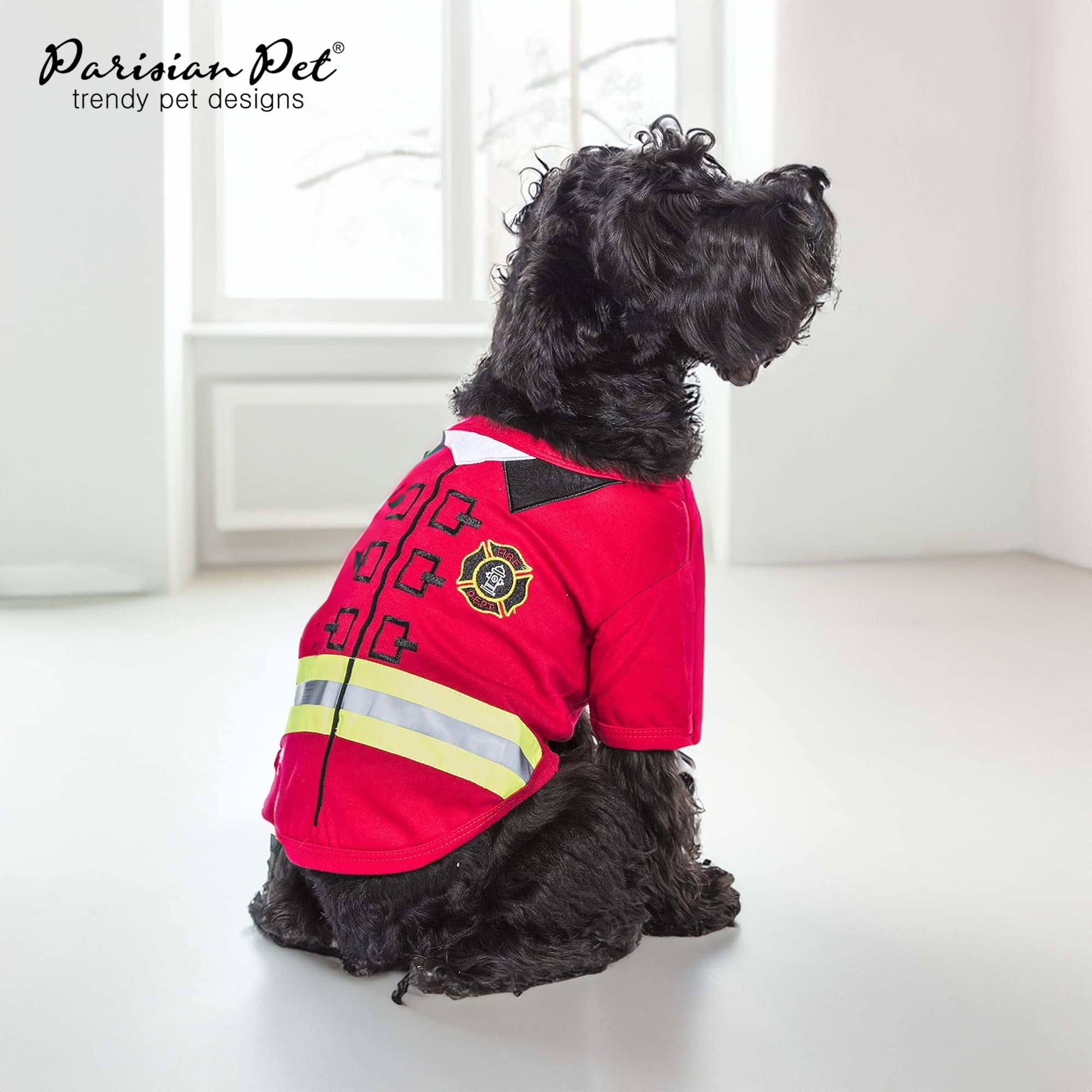 Parisian Pet Dog Shirt - Embroidered Dog Firefighter Costume - 100% Cotton And Polyester Dog Clothes - Sleeved Pet Costumes - Red Dog Costumes For Medium Dogs - Lightweight Pet Shirts - M