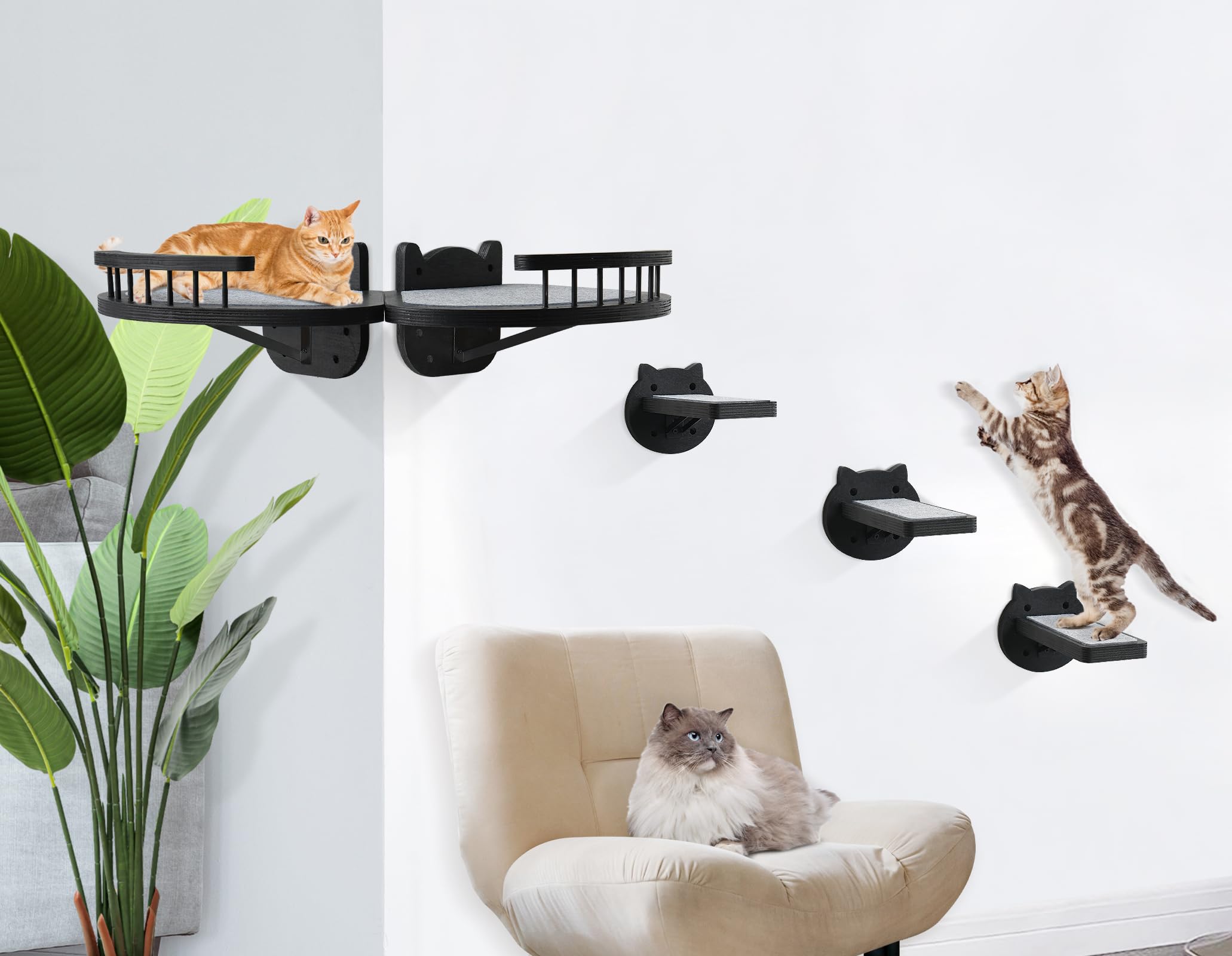 Wall-Mounted Cat Furniture - 2Pcs Shelves And Perches With 3 Steps And Scratching Pad, Climbing Condo Fit For Cats Up To 15Lbs, 