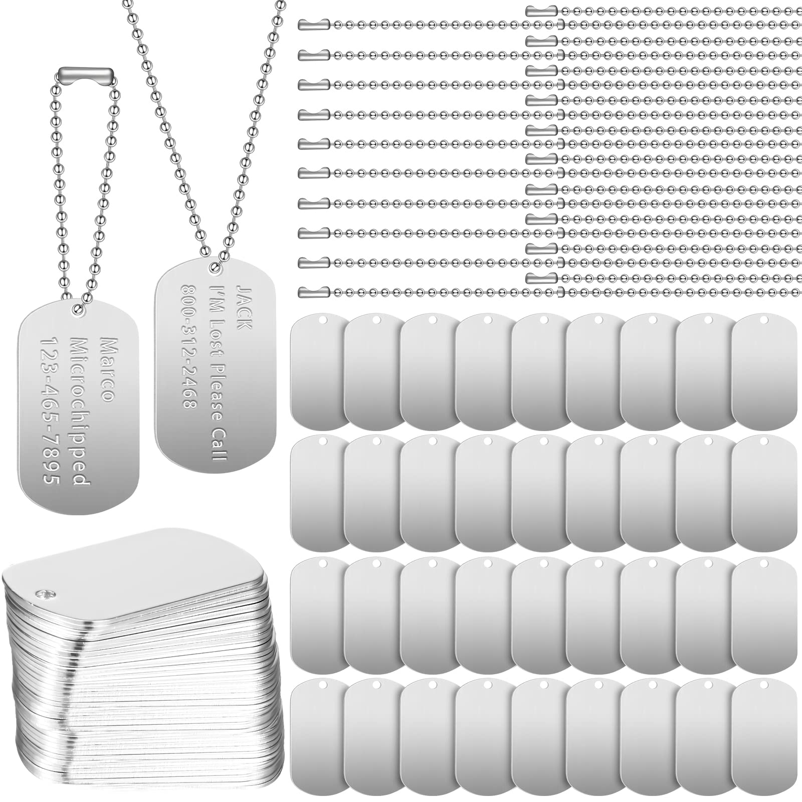 200 Pcs Military Dog Tags Set Including 100 Pcs Aluminum Blank Dog Tags 100 Pcs Ball Steel Chain Rectangle Blank Tag Blanks Metal Stamping Tags For Diy Decorative Craft Pet Dog Id Tags (Silver)