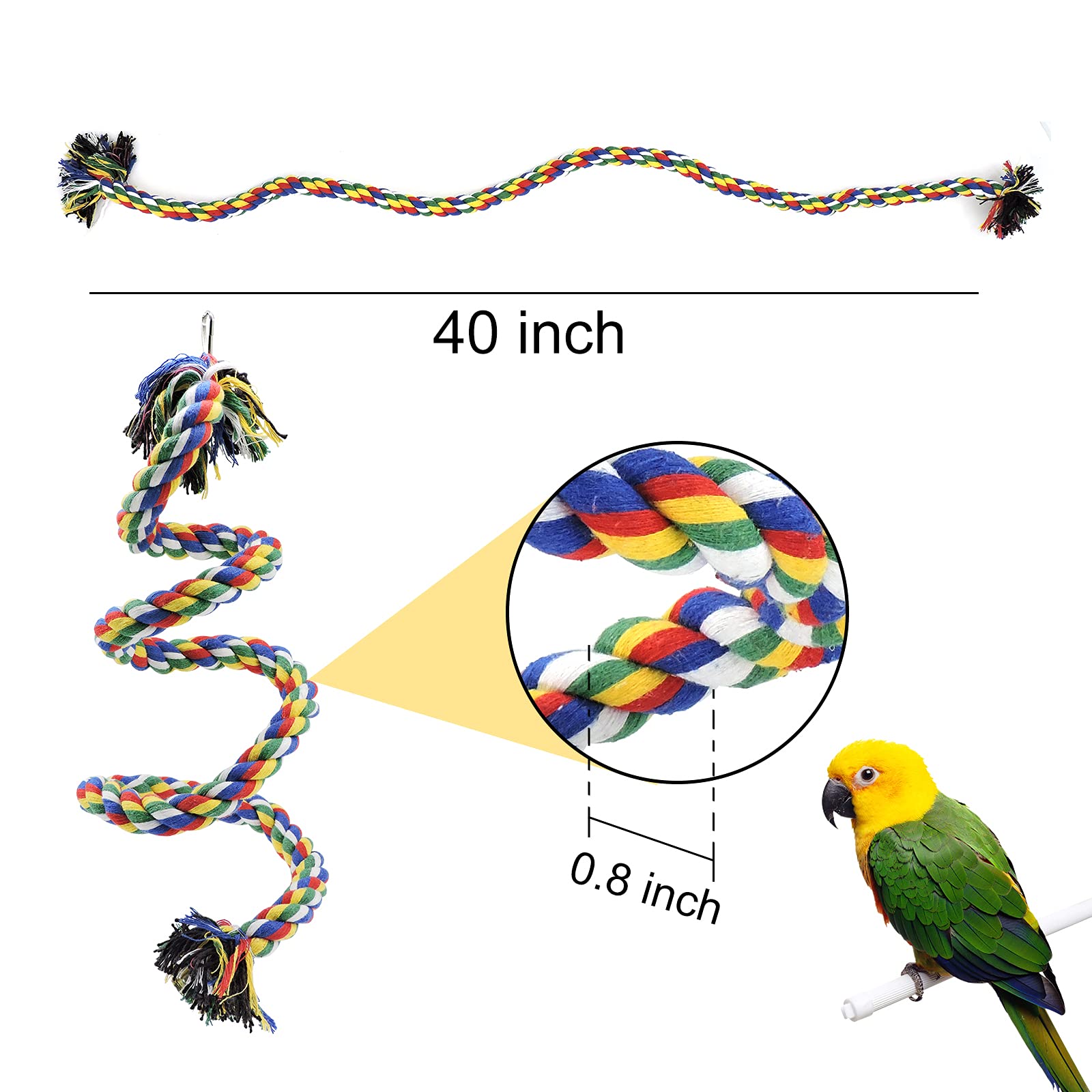 Wishlotus Bird Perches, Parrot Colorful Climbing Rope Swing Toys Parrot Stand With Bell And Hanging Clip For Parrots, Budgies, Macaws, Parakeets, And Other Small Birds. (100Cm)
