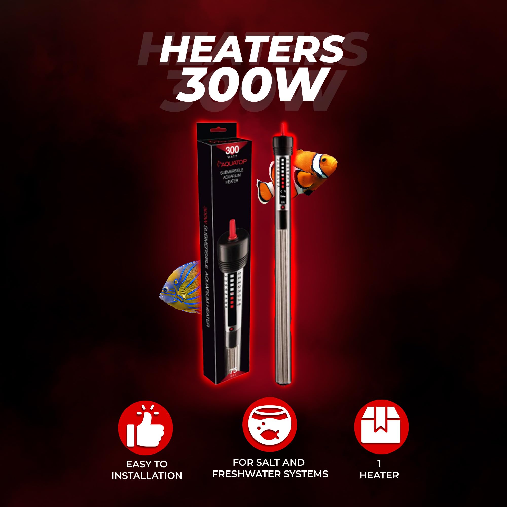 Aquatop 300W Titanium Heater With Anti-Overwind Knob – Adjustable Temperature – For 75 Gallons – 14.5' Height – For Freshwater & Saltwater Tanks