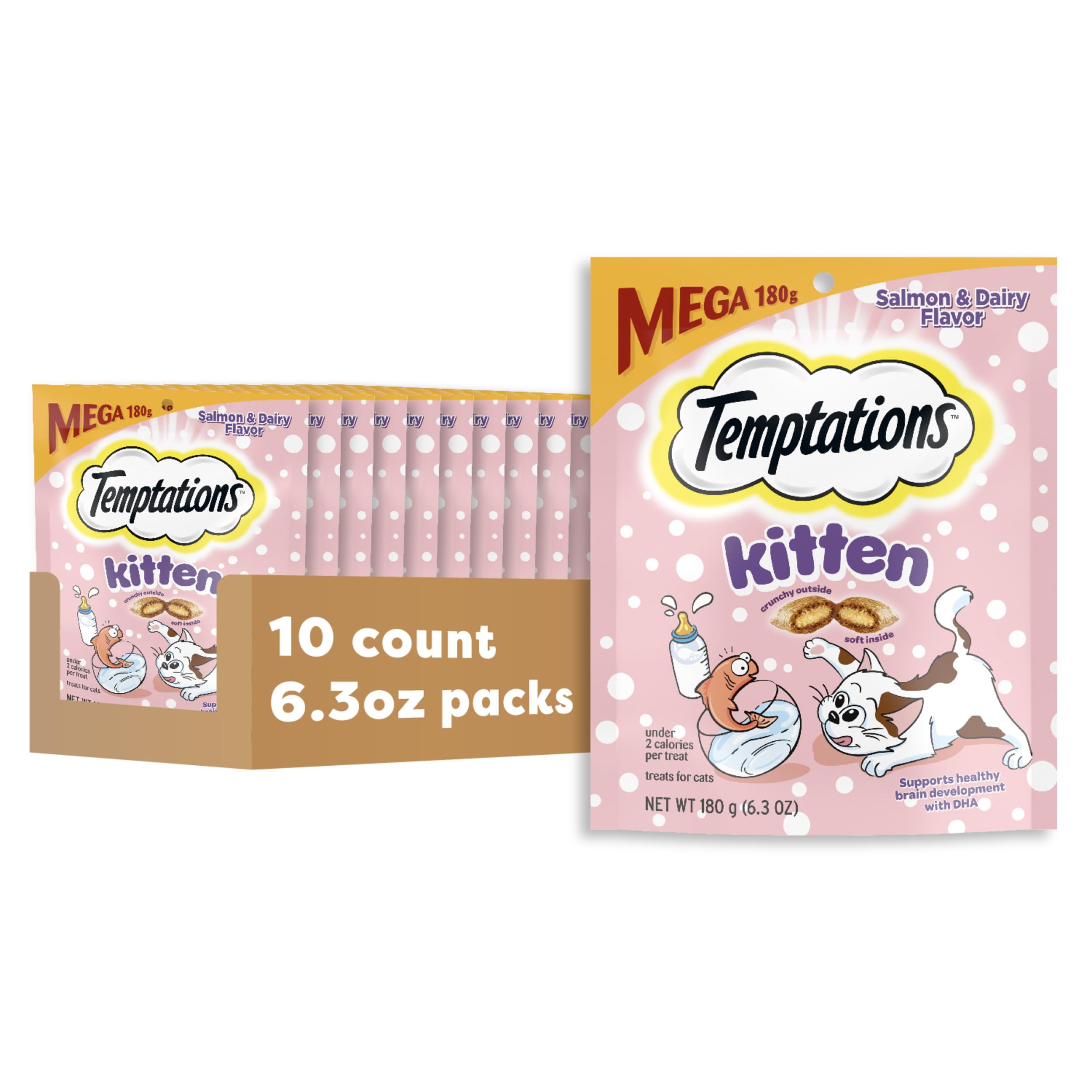 Temptations Kitten Treats, Salmon & Dairy, Crunchy and Soft Treat, 6.3 oz. (Pack of 10)
