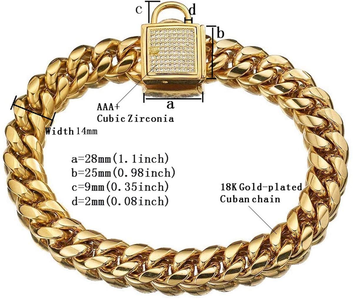 Aiyidi Gold Dog Chain Collar Stainless Steel With Zirconia Lock Luxury Dog Necklace 14Mm Heavy Duty Cuban Chain Collar For Small
