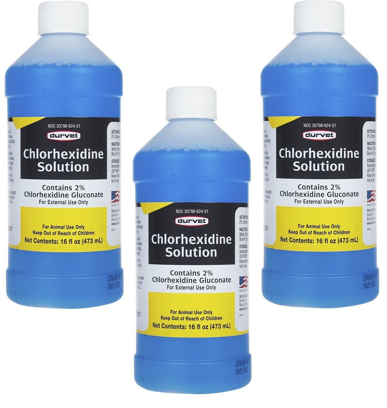 Durvet 3 Bottles of Chlorhexidine Solution, 16 Ounces Each, for Cleaning Superficial Wounds on Dogs and Horses