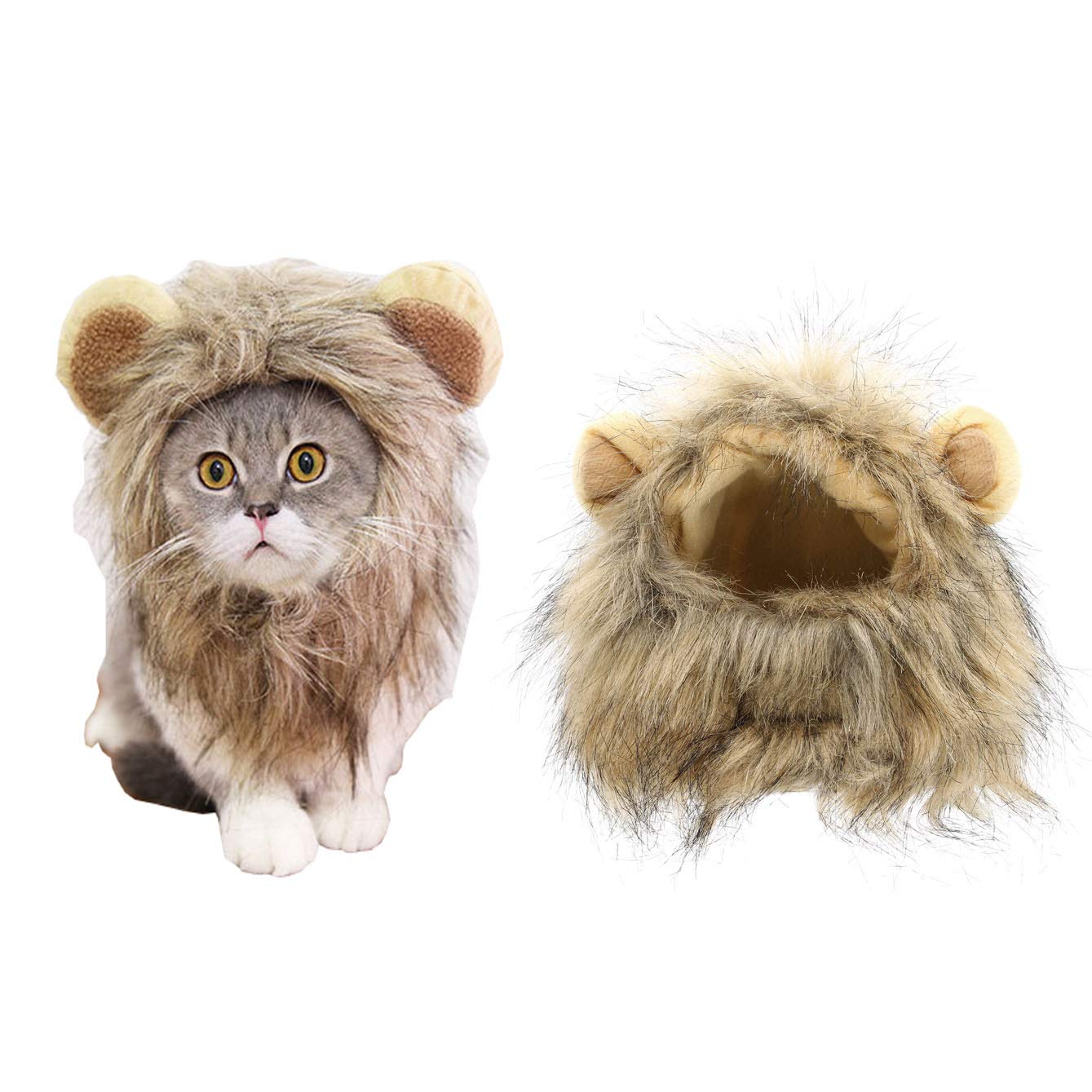 Lion Mane Costume Wig For Cats & Small Dogs, Fancy Cat Lion Cosplay Hat In Halloween Xmas Clothes Dress With Ears (Large(Neck 15