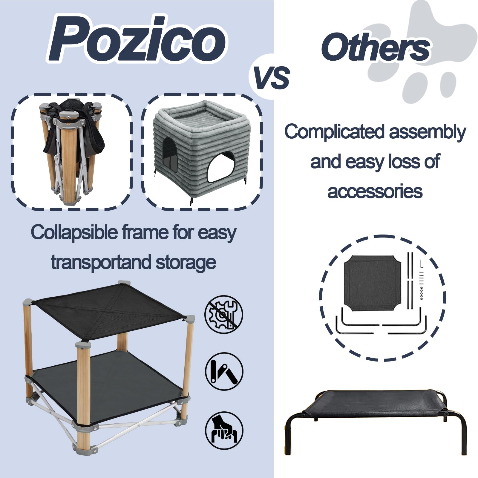 Pozico 2-Tier Collapsible Cat Beds & Furniture, 2 Layer Pine Construction Cat Hammocks, Cat Houses For Indoor Cats, Cat Bed Cave