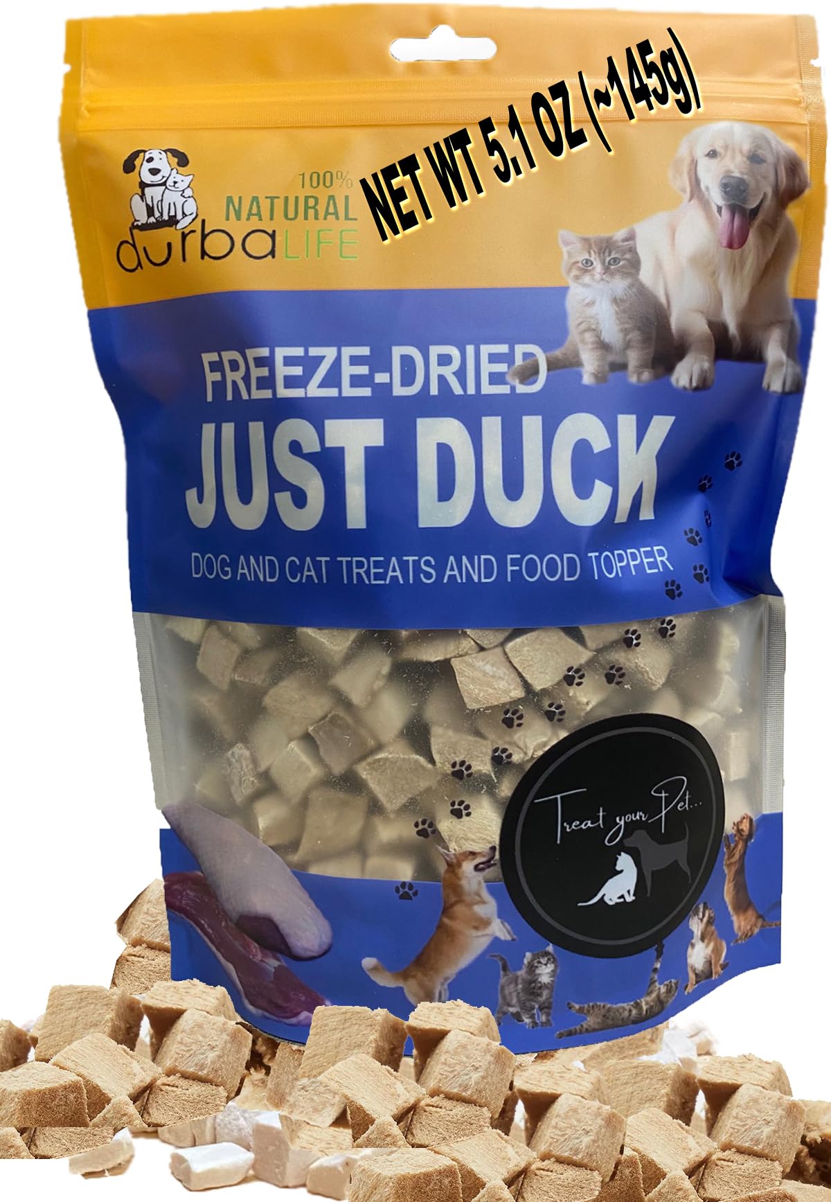 DurbaLife Freeze Dried Dog and Cat Treats Food Topper (5.1 oz (~145g), JUST Duck (Large Pack))