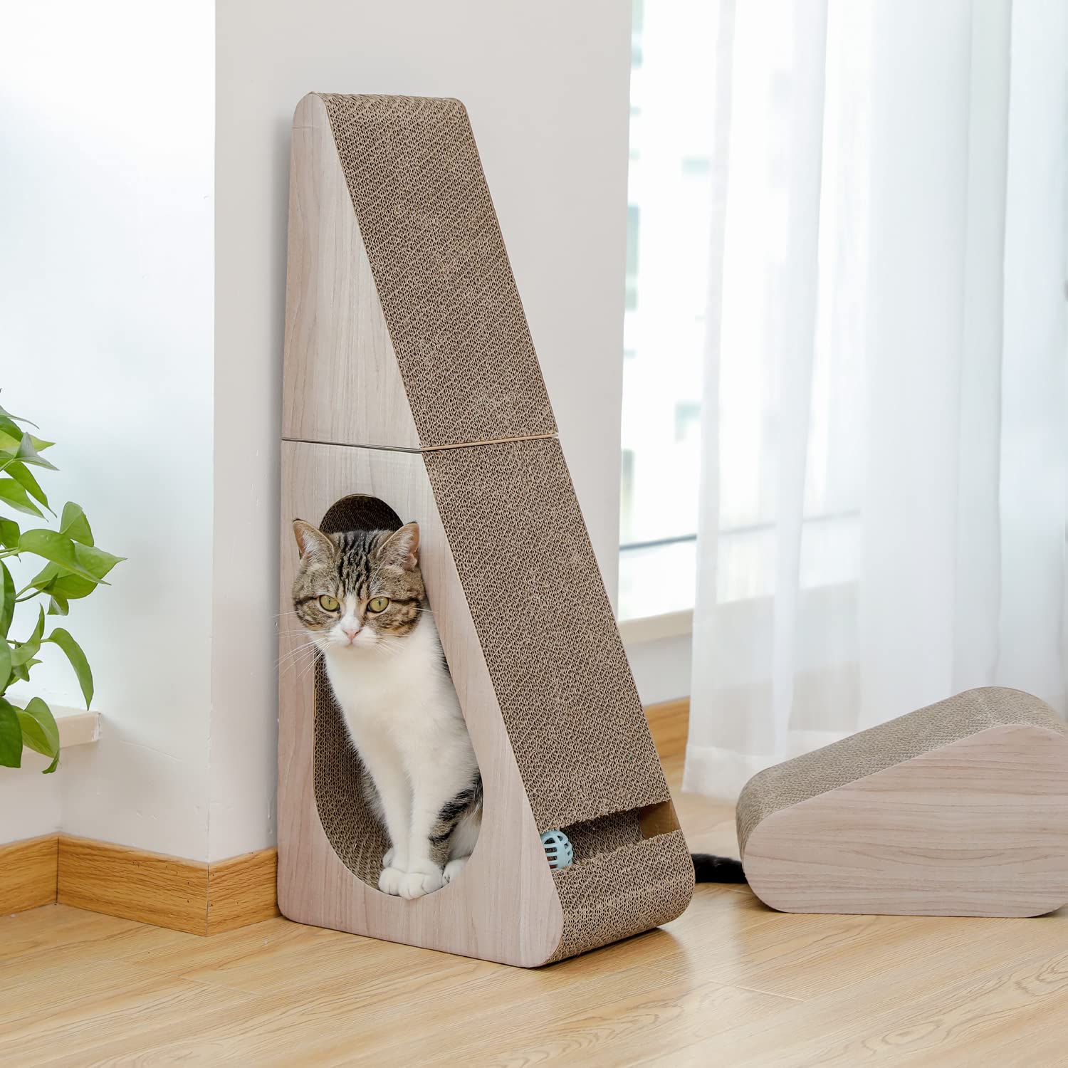 Pawz Road Cat Scratching Post, 2 In 1 Large 28.3' Corrugated Cat Scratcher Three Sided Use Scratching Pad With Balls For Indoor Cats And Kittens