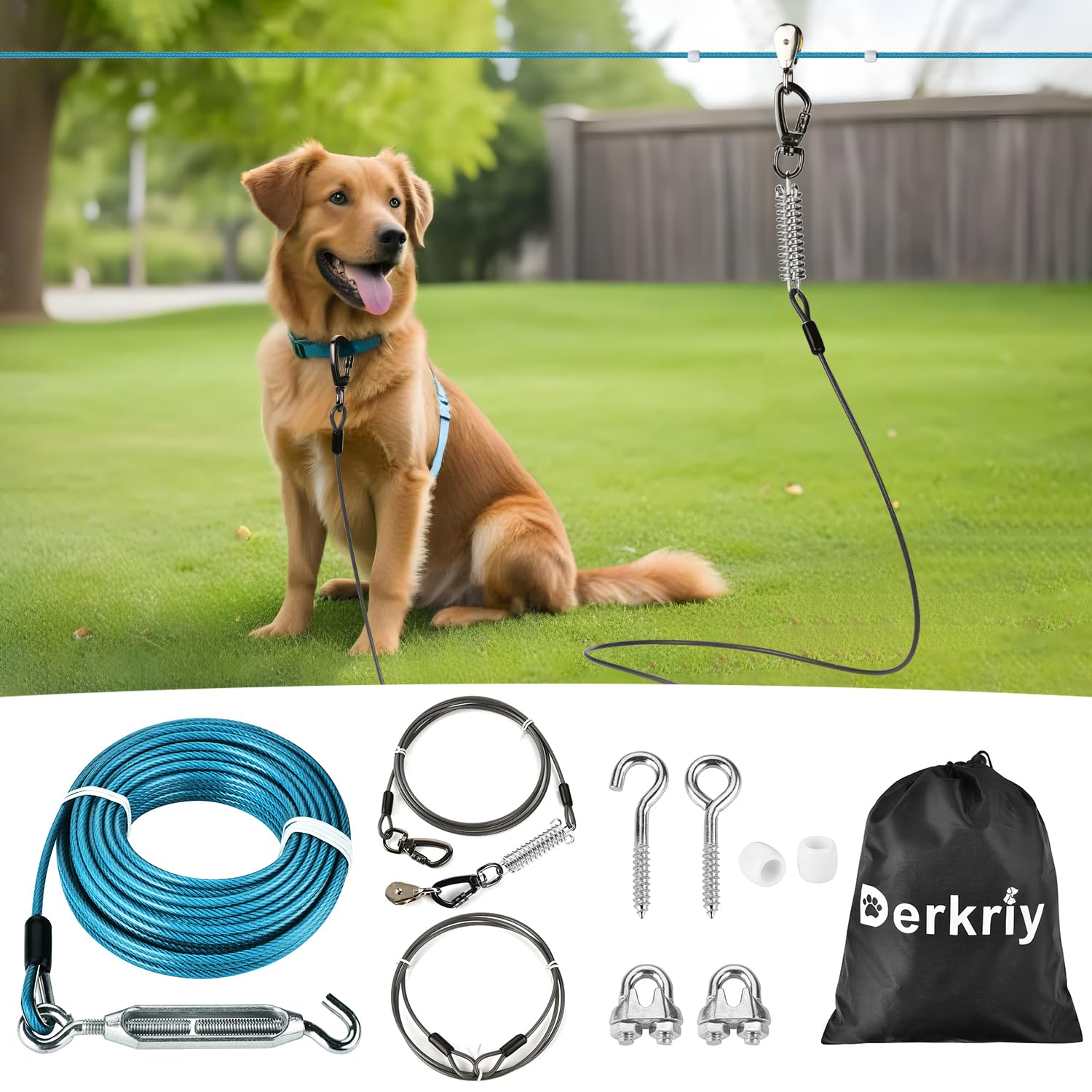 Dog Runner For Yard, Heavy Duty 150Ft Dog Runs For Outside With 10Ft Tie Out Cable, Trolley System Zipline For Large Dogs Up To 