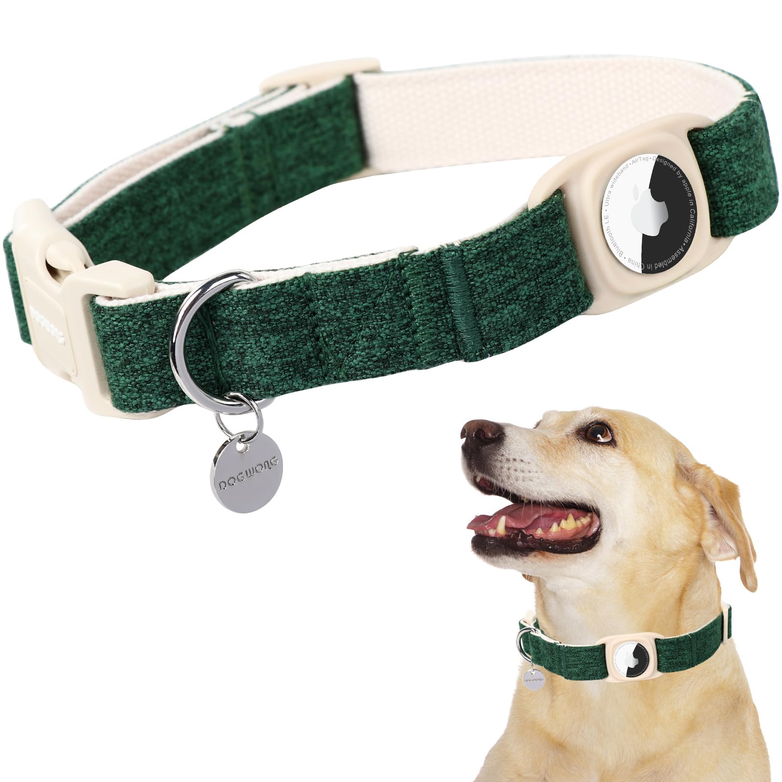Dogwong Airtag Cotton Hemp Dog Collar, Heavy-Duty With Airtag Holder For Apple Airtag, Natural Fabric, Deep Green, Small, Medium