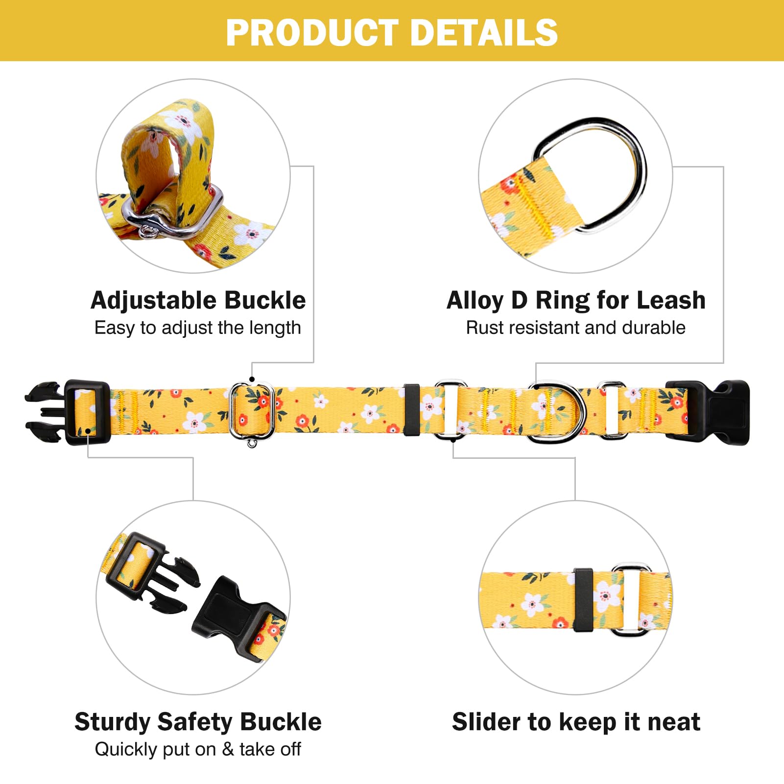 Hikiko Martingale Collar For Dogs Cute Floral Dog Collar For Small Medium Large Dogs Soft Nylon Quick Release Dog Collars (Yello