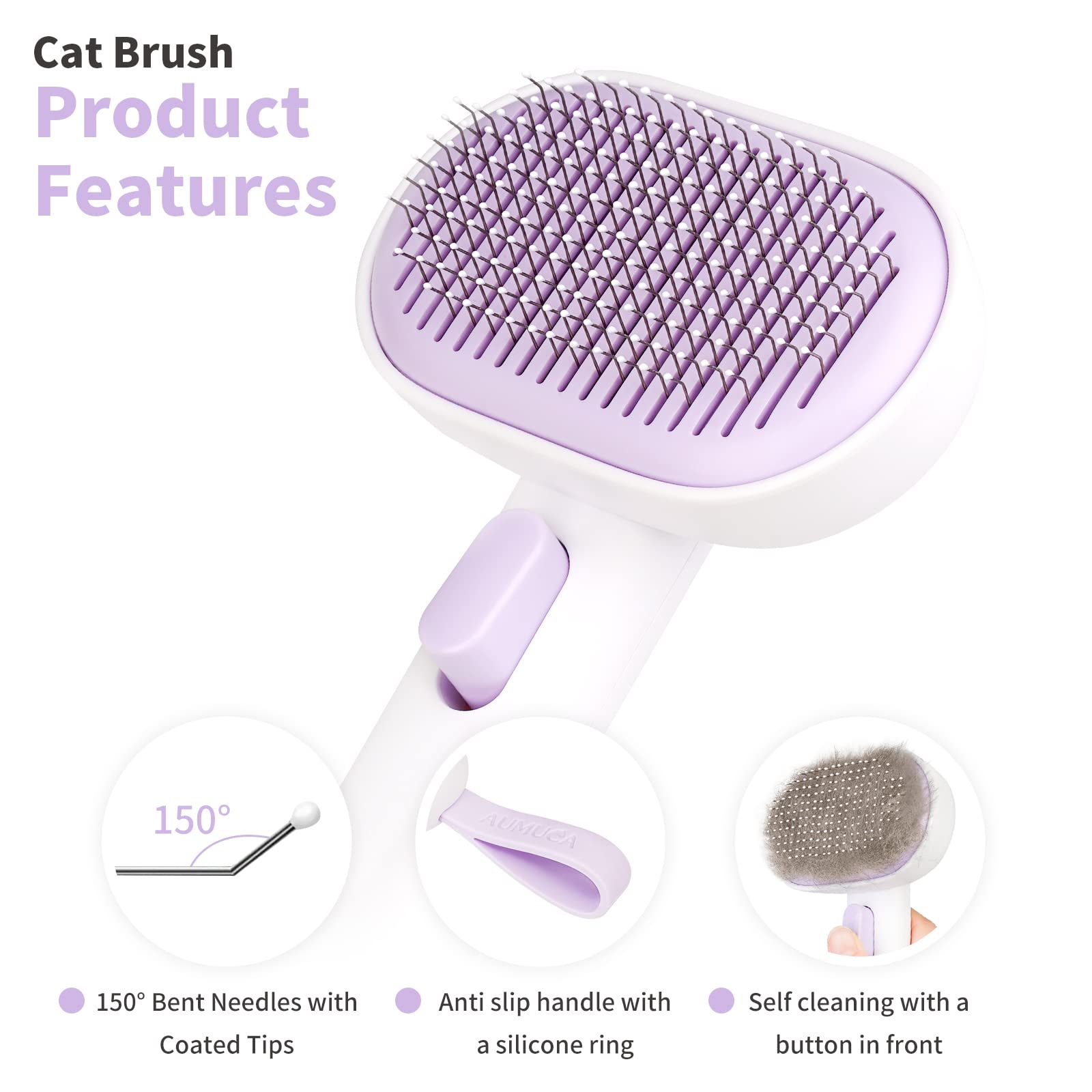 Aumuca Cat Brush With Release Button, Cat Brushes For Indoor Cats Shedding, Cat Brush For Long Or Short Haired Cats, Cat Grooming Brush Cat Comb For Kitten Rabbit Massage Removes Loose Fur Purple
