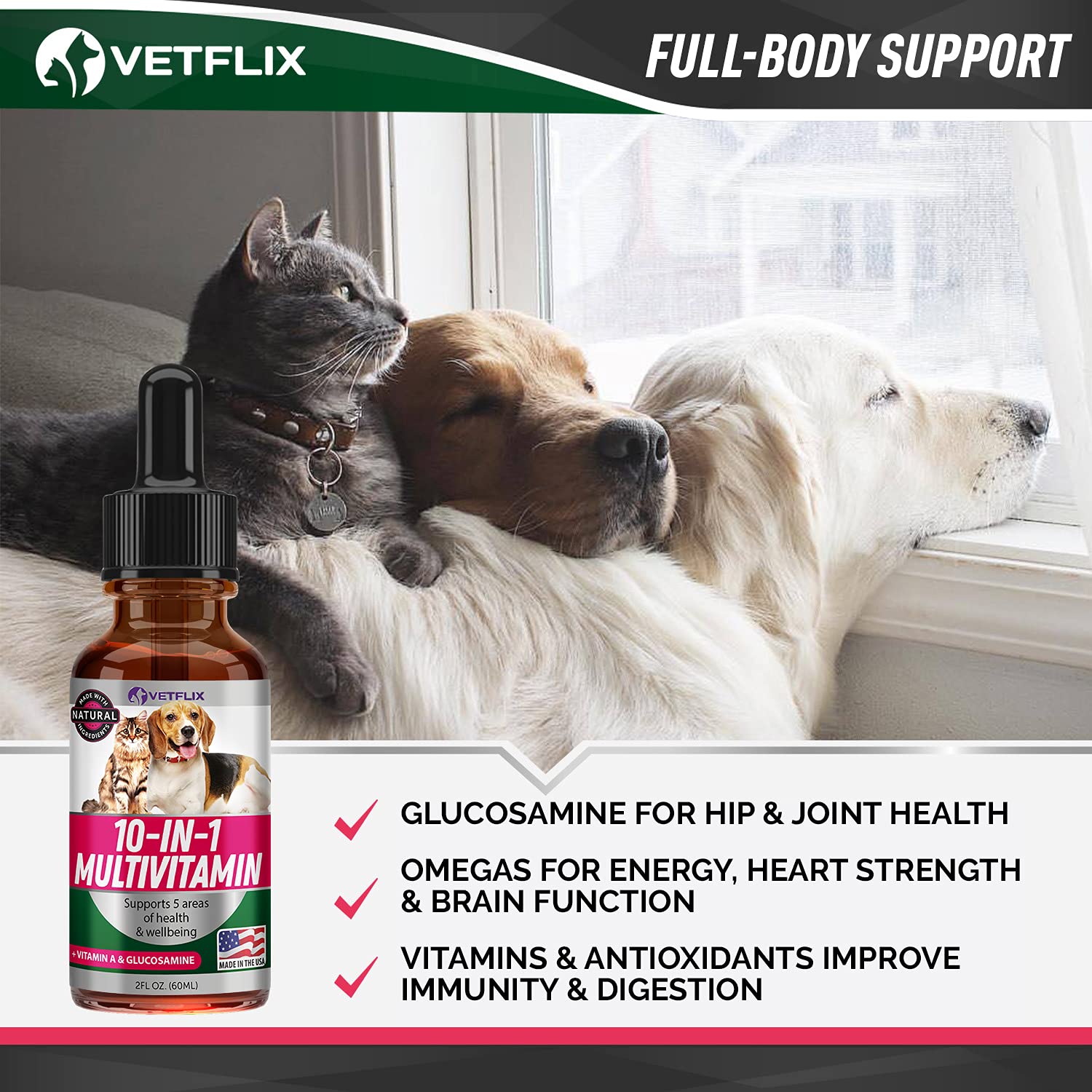 Pet Vitamins 10 in 1 - Made in USA - Glucosamine for Dogs & Cats - Dog Supplement for Pet Joint Health - Natural Cat, Dog Multiv