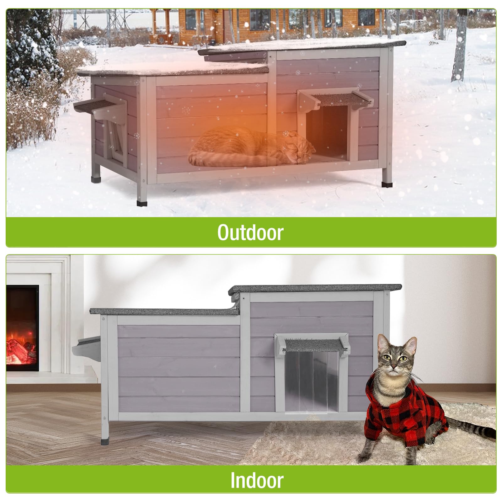 Outdoor Cat House Insulated Feral Kitty Shelter With Liner Weatherproof Cat Condo For Winter,Large Space