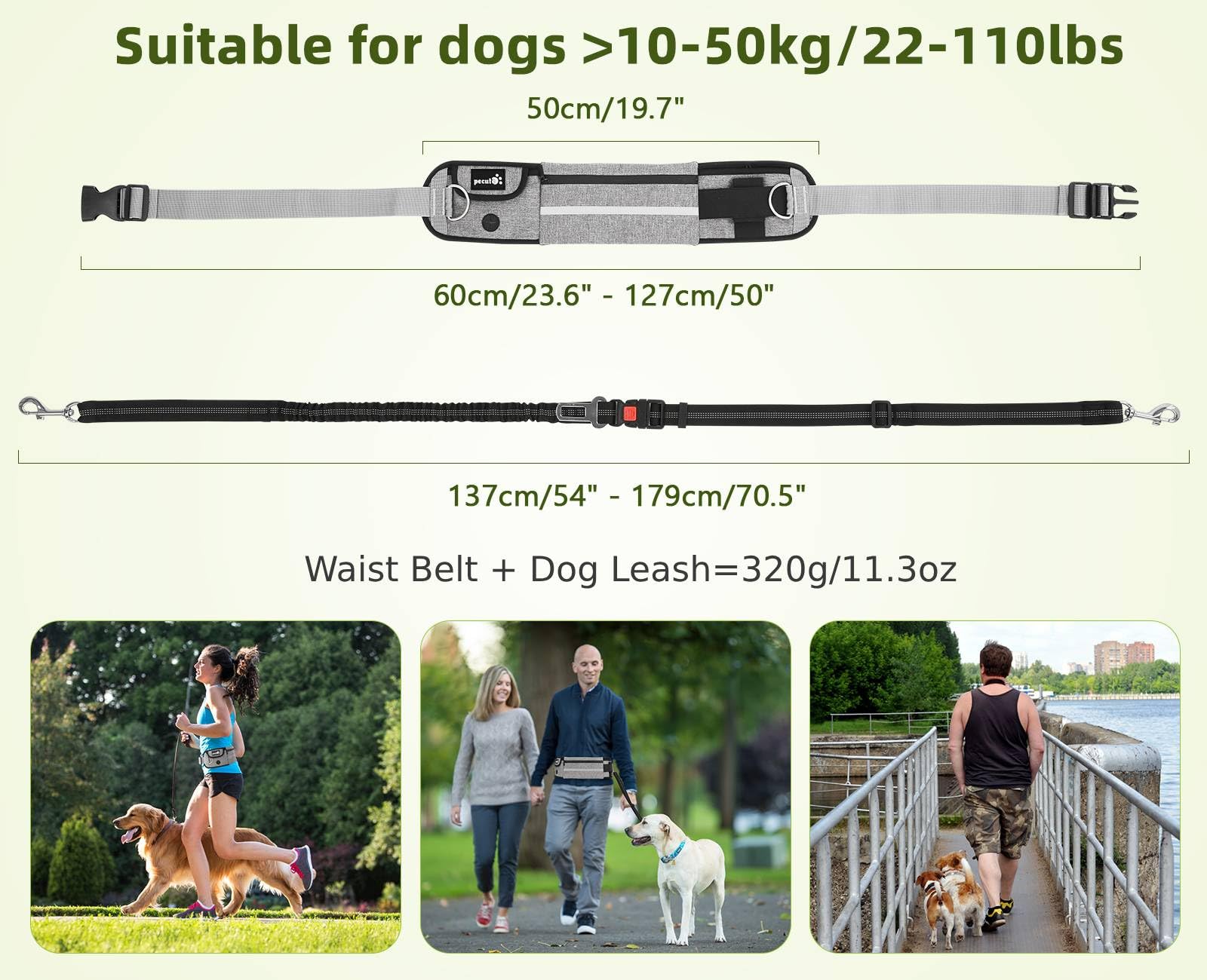 Pecute Hands Free Dog Leash With Pouch, Waist Belt Fanny Pack With Soft Padds, Dual Padded Handles And Durable Bungee For Walking, Hiking, Jogging Biking, And Running (Up To 220Lbs)