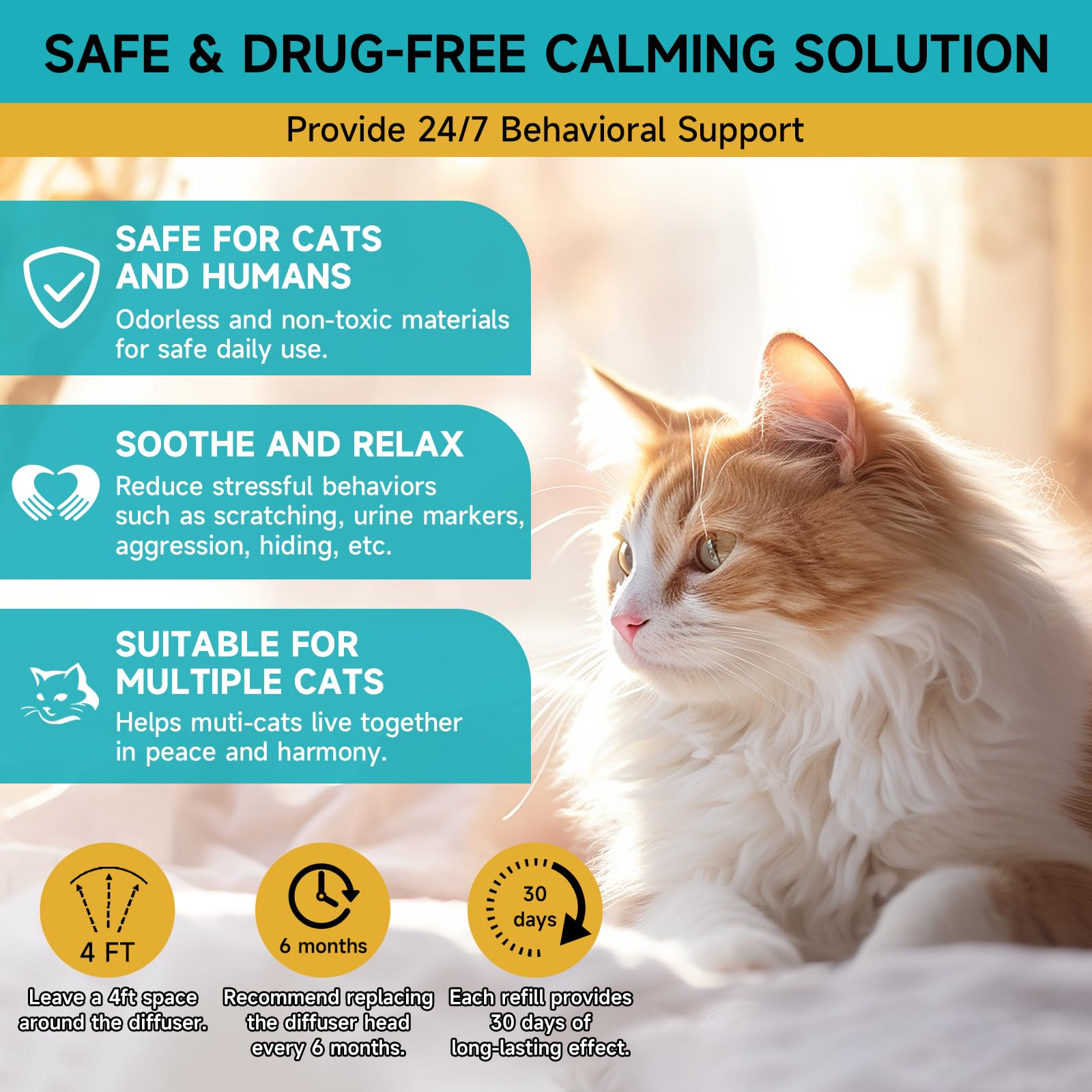 Woyamay Cat Calming Diffuser Refills - 4 Pack Pheromones for Cat Anxiety Relief, 120 Days, Fits All Diffuser Heads