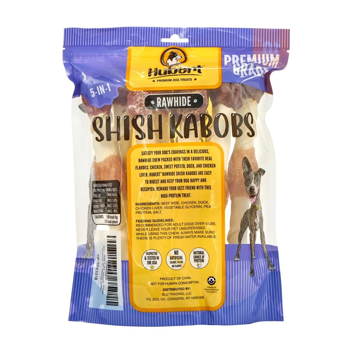 Hubert Pet Gourmet 5-in-1 Large Rawhide Kabobs, Quad Flavor Dog Chews, 10 Inch Treats for All Dog Sizes, 10 Count Bag, 1.8 Pound
