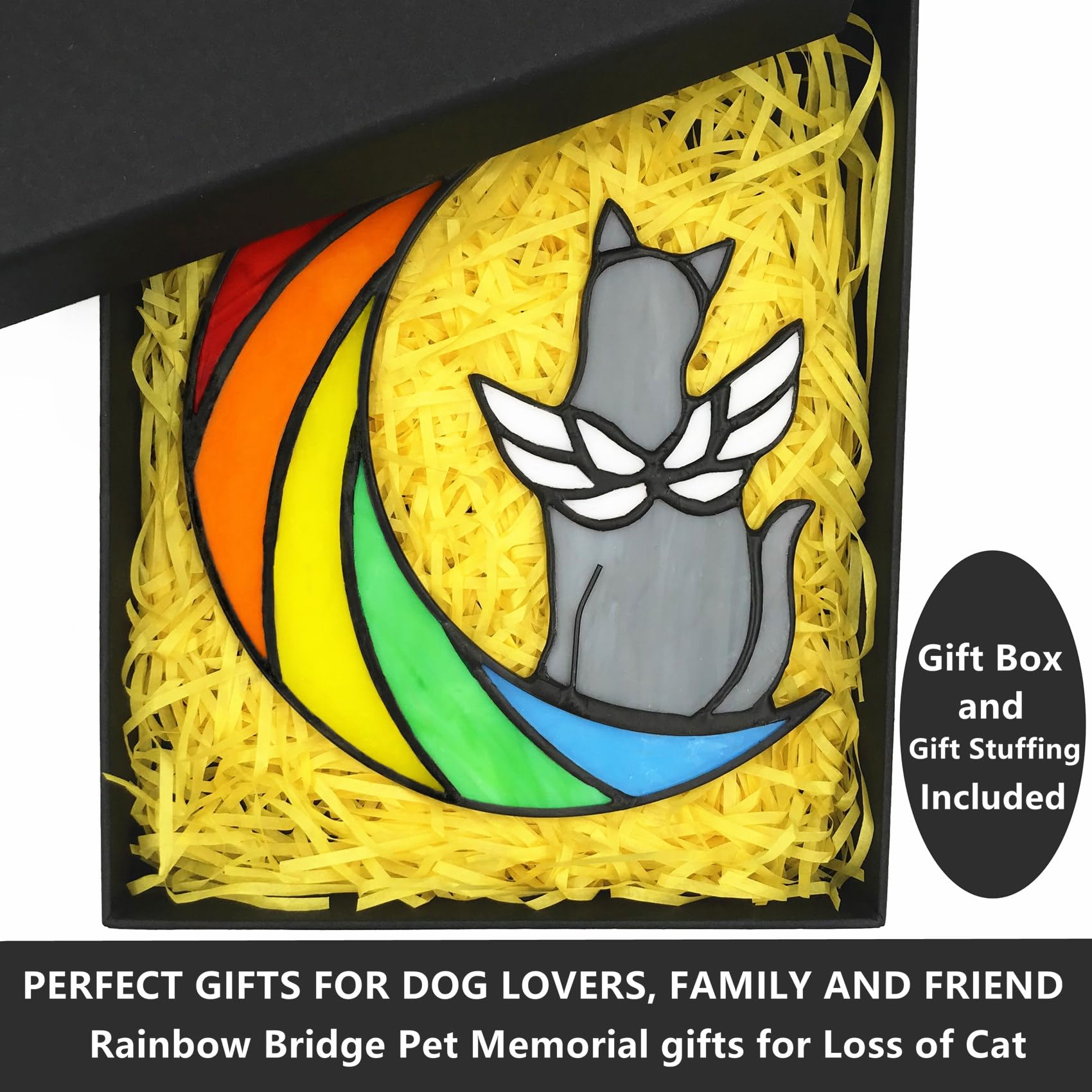 Lcensp Grey Cat Memorial Gifts For Loss Of Cat Sympathy Suncatcher, Rainbow Bridge Pet Memorial Bereavement Gifts, Stained Glass