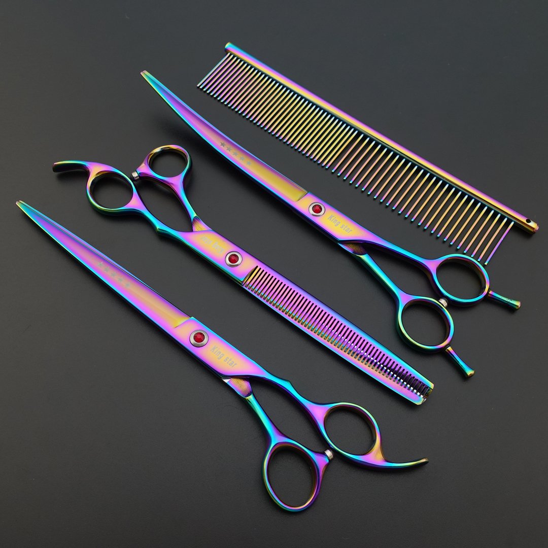 Kingstar 8.0In. Professional Pet Grooming Scissors Set,Titatium Plated Straight & Thinning & Curved Scissors Set With Comb,Dog G