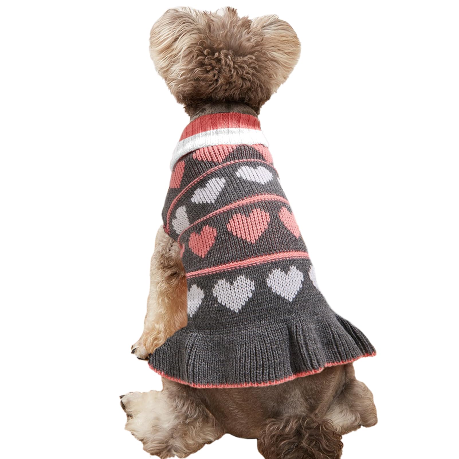 Jecikelon Pet Dog Long Sweaters Dress Knitwear Turtleneck Pullover Warm Winter Puppy Sweater Long Dresses (Grey Heart, X-Large)