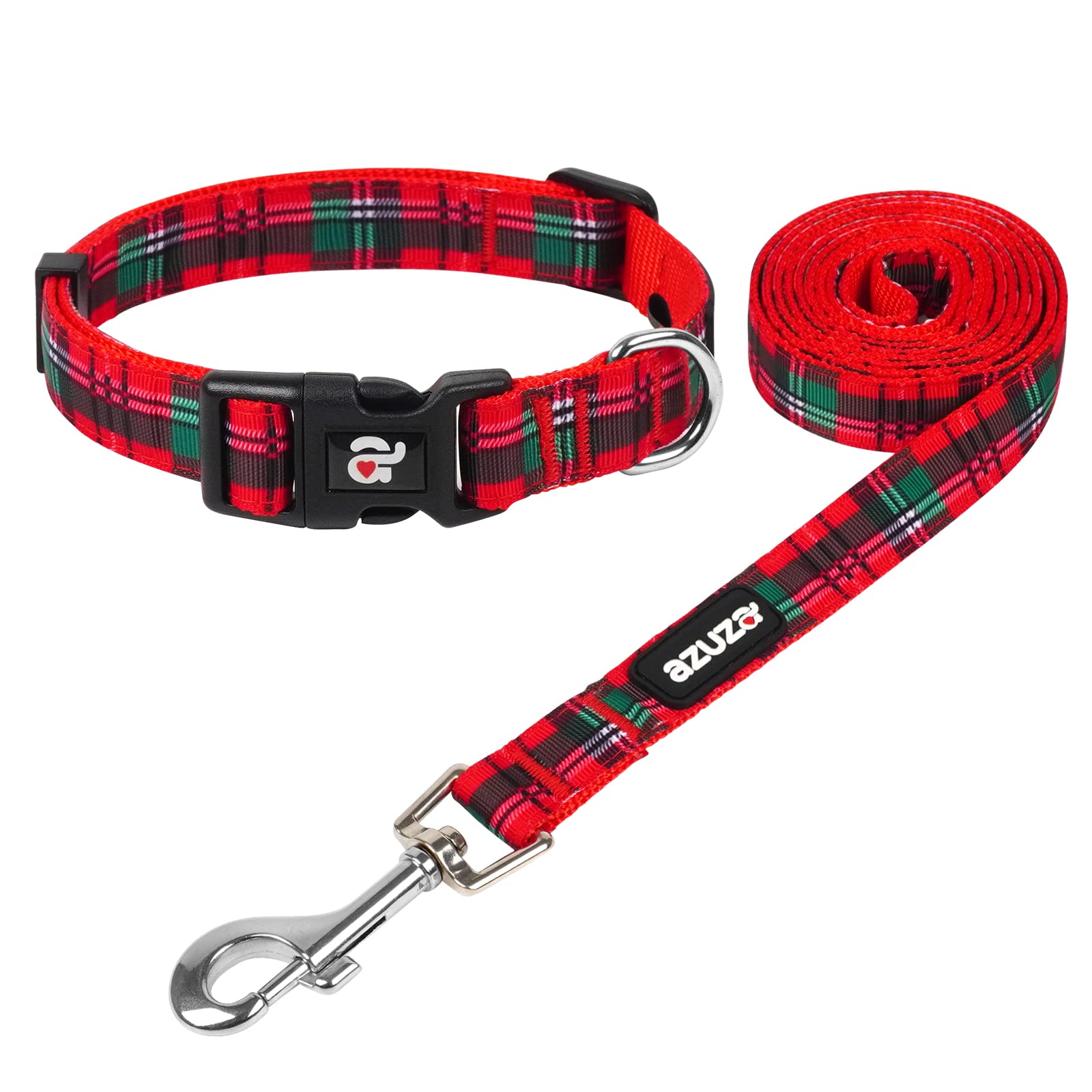 Azuza Christmas Dog Collar And Leash Set, Buffalo Plaid Dog Collar With Matching Leash For Small Dogs, Great For Christmas, New 