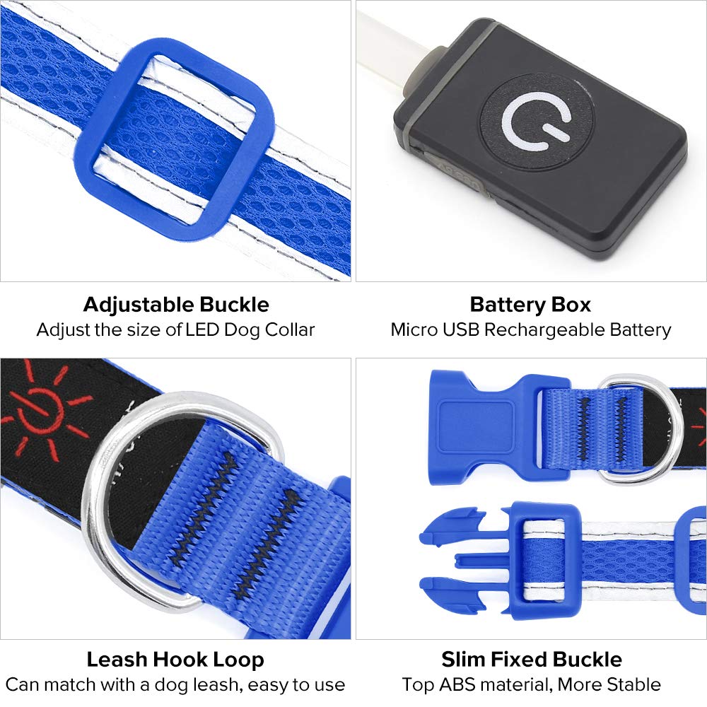 Flashseen Led Dog Collar, Usb Rechargeable Light Up Dog Collar Lights, Adjustable Comfortable Soft Mesh Safety Dog Collar For Small, Medium, Large Dogs(Medium, Royal Blue)