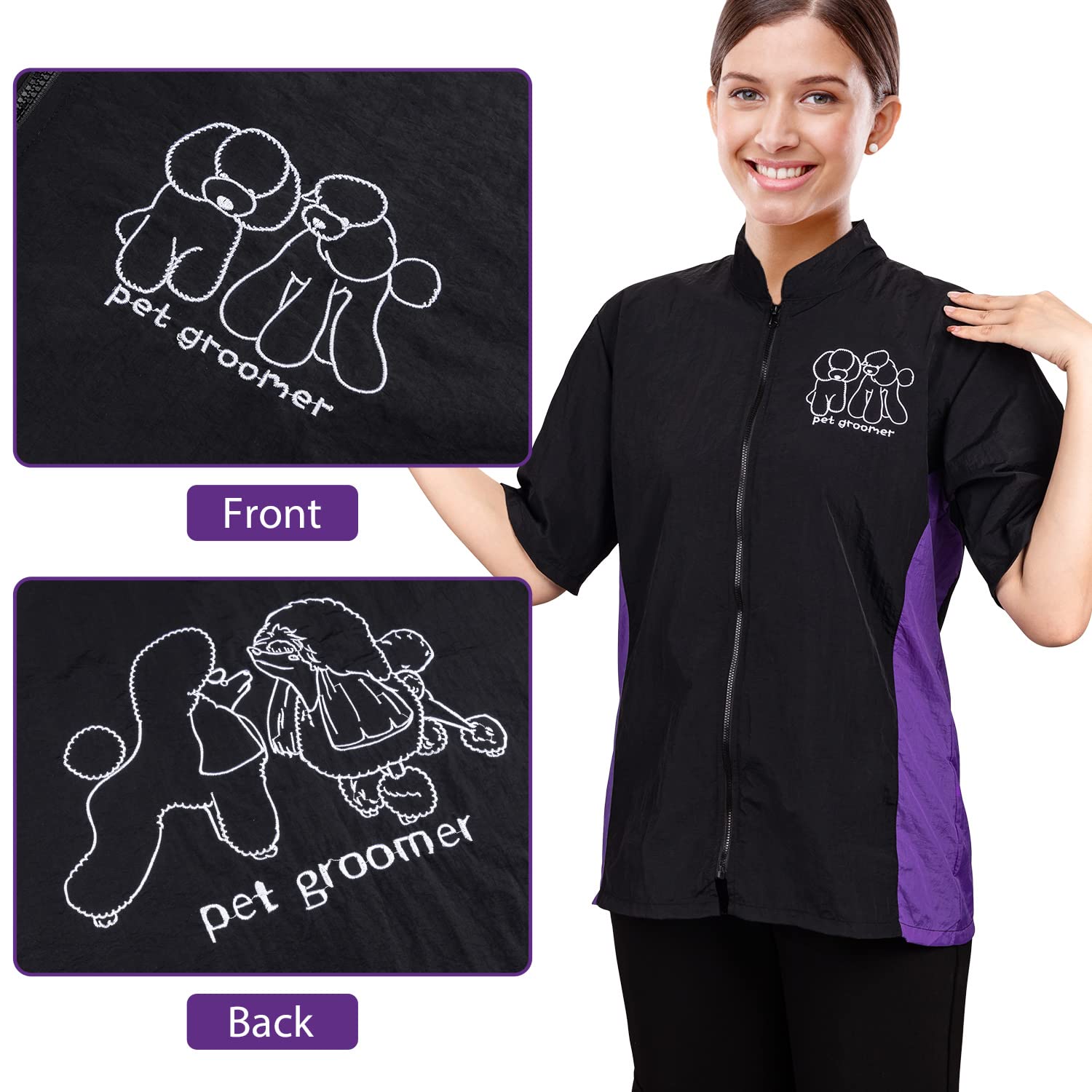 Noverlife Short Sleeves Pet Grooming Workwear With Full Zipper, 3Xl Size, Anti-Static Pet Beautician Smock, Lightweight Pet Groo